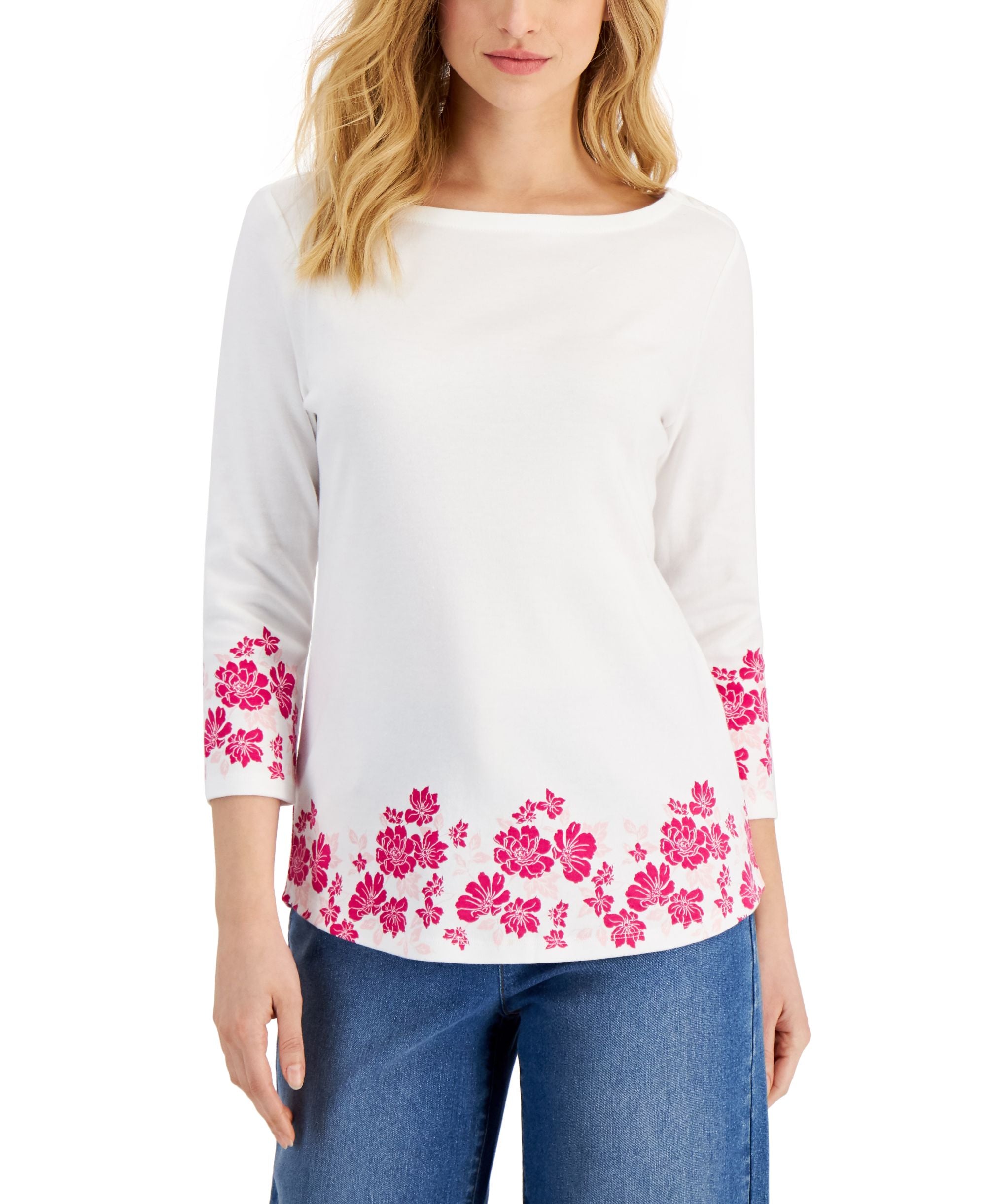 Charter Club Petite Fiona Border Print Cotton Boat Neck Top