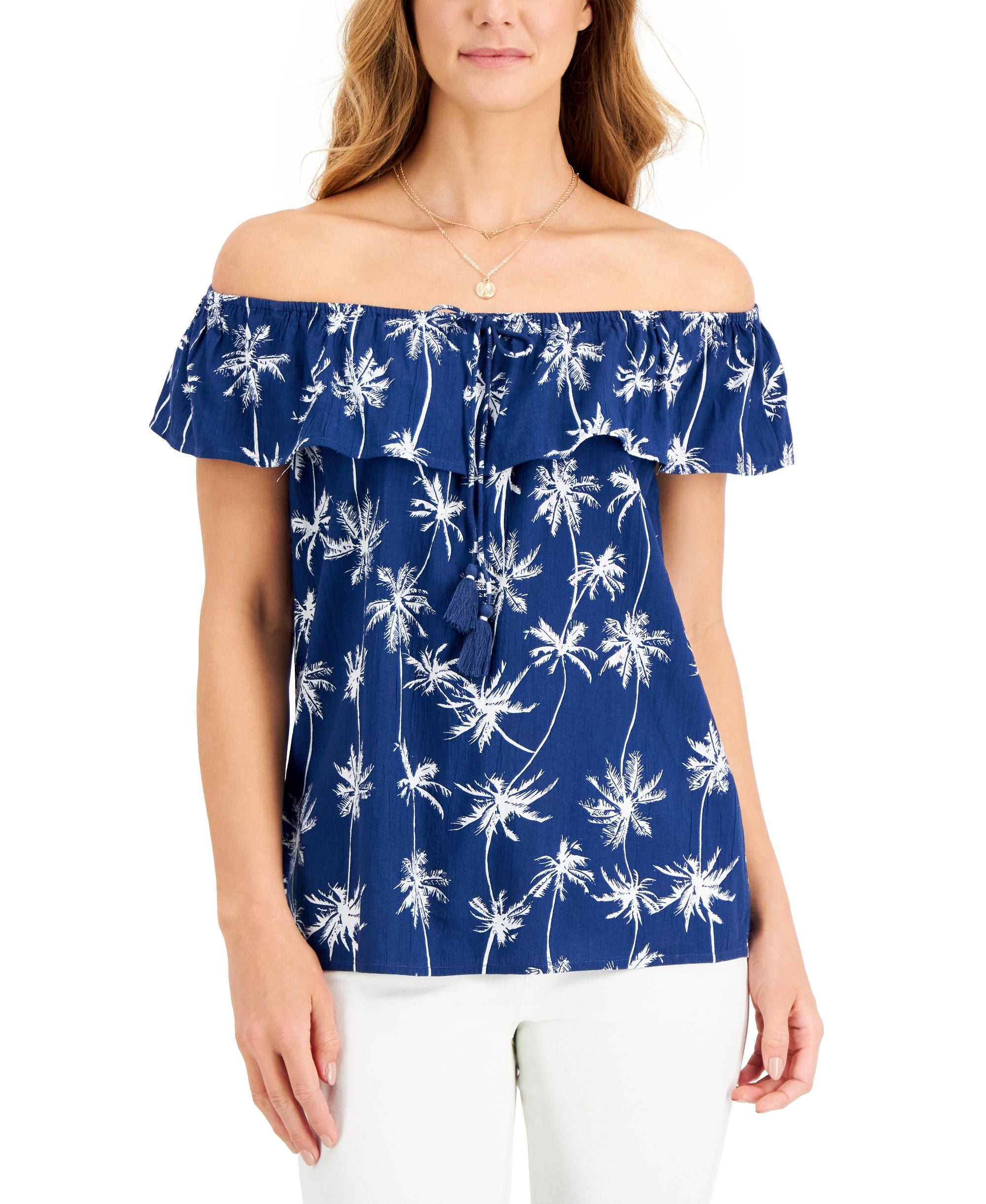 Style & Co Womens Printed Off The Shoulder Top