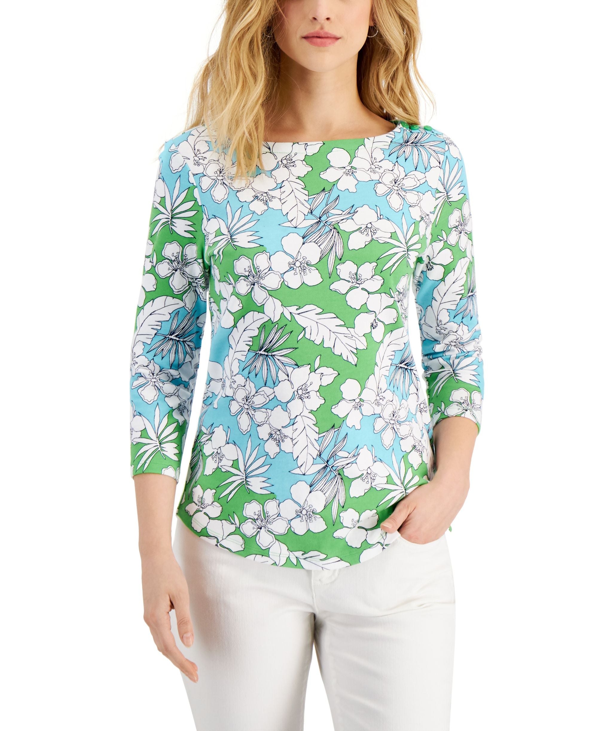 Charter Club Womens 3/4 Sleeve Tropical Print Top