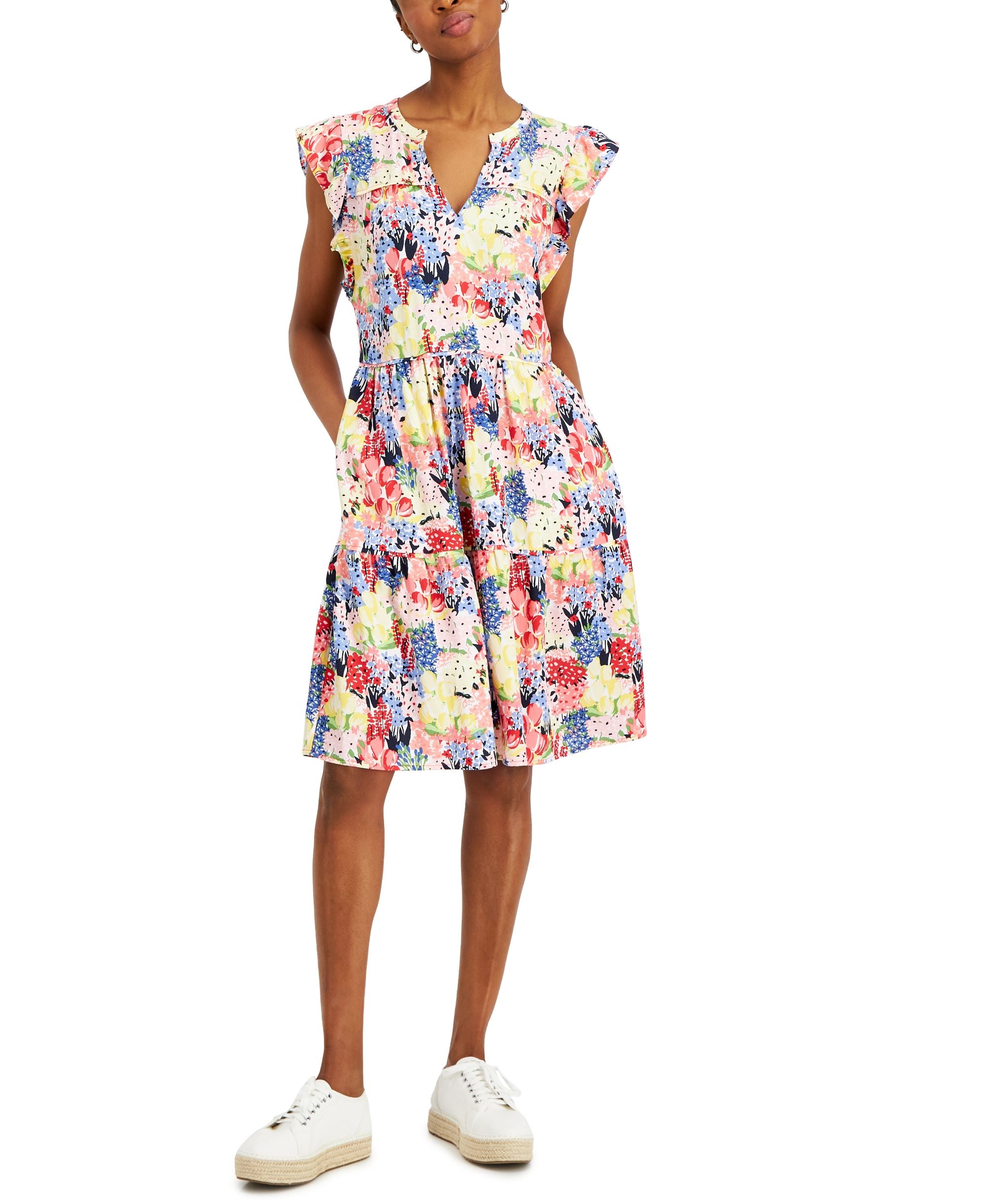 Charter Club Womens Flutter Sleeve Floral Print Dress