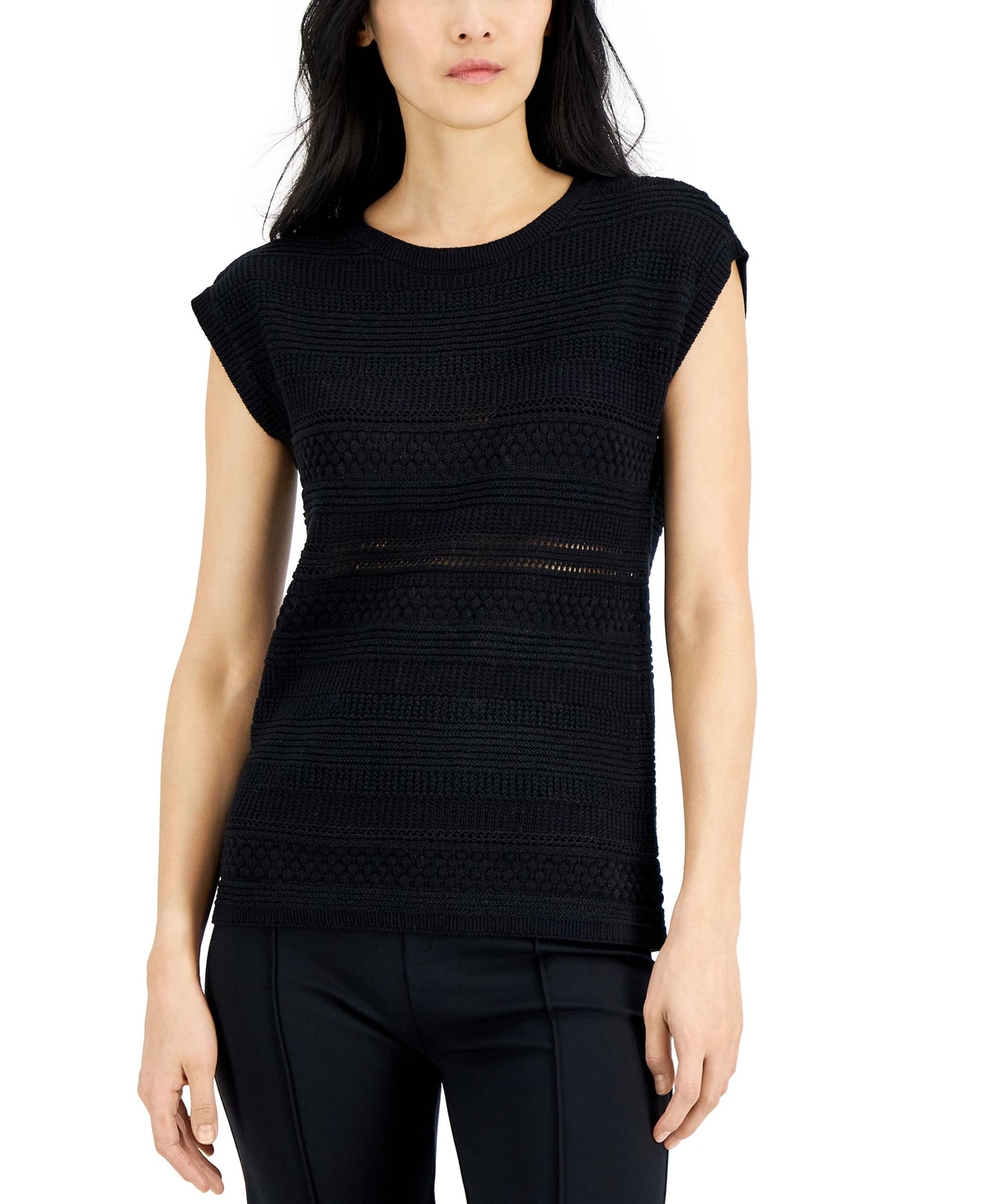 Alfani Womens Mixed Stitch Striped Cap Sleeve Sweater