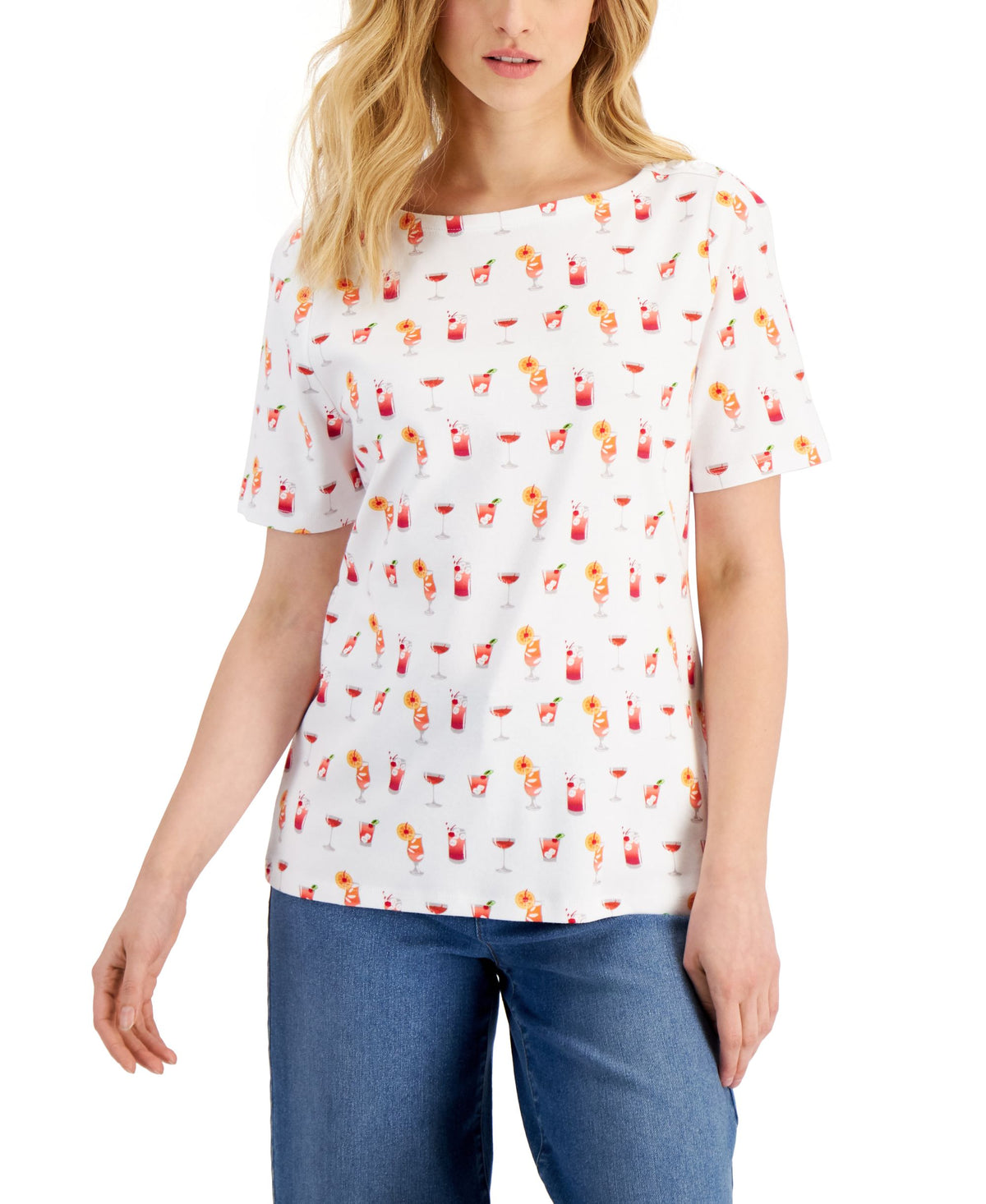 Charter Club Womens Boat Neckline Short Sleeve Cotton Printed Top