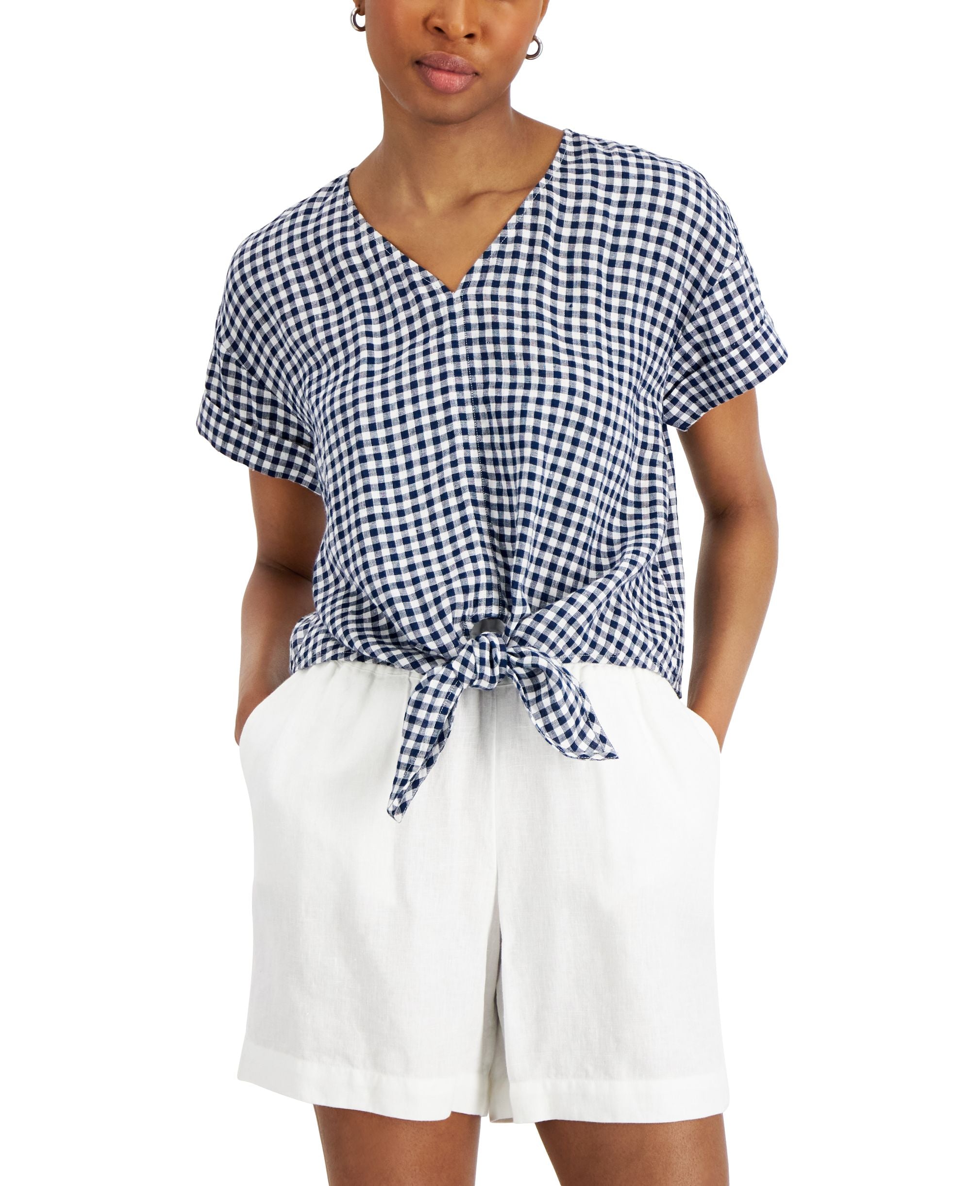 Charter Club Petite Plaid Tie Waist Linen Top