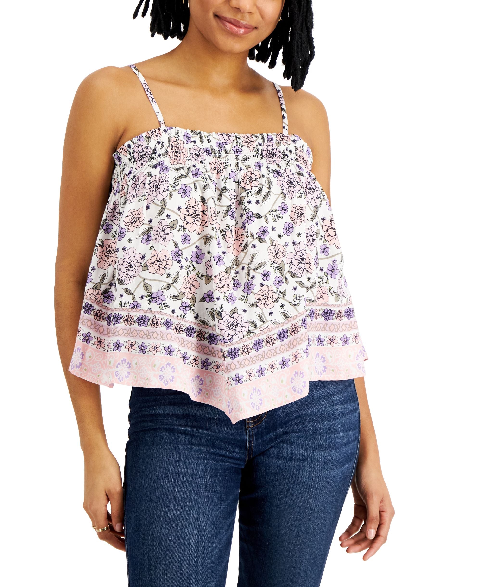 Juniors' Floral-Print Smocked Handkerchief-Hem Top