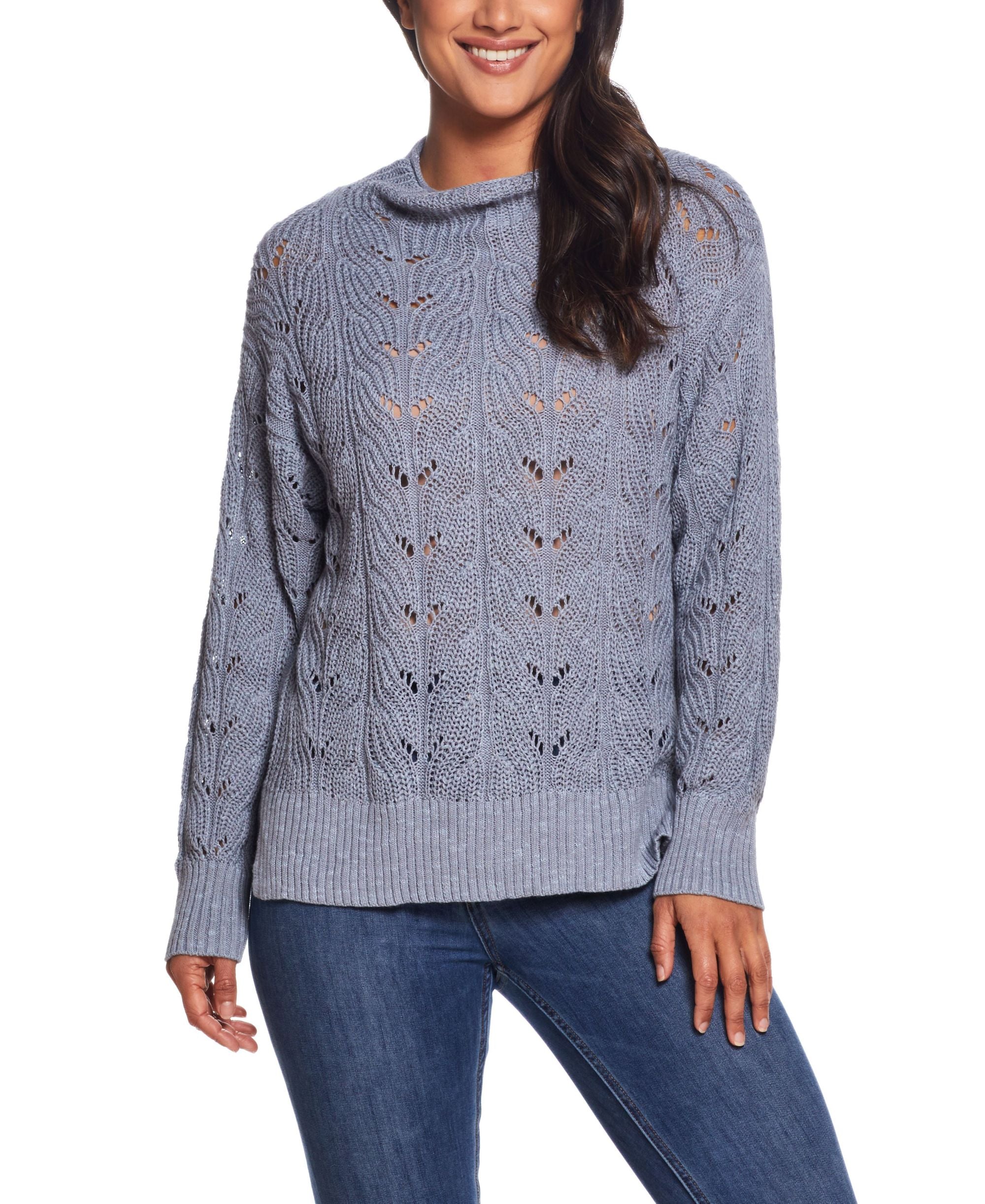 Womens Slub Pointelle Mock Neck Sweater