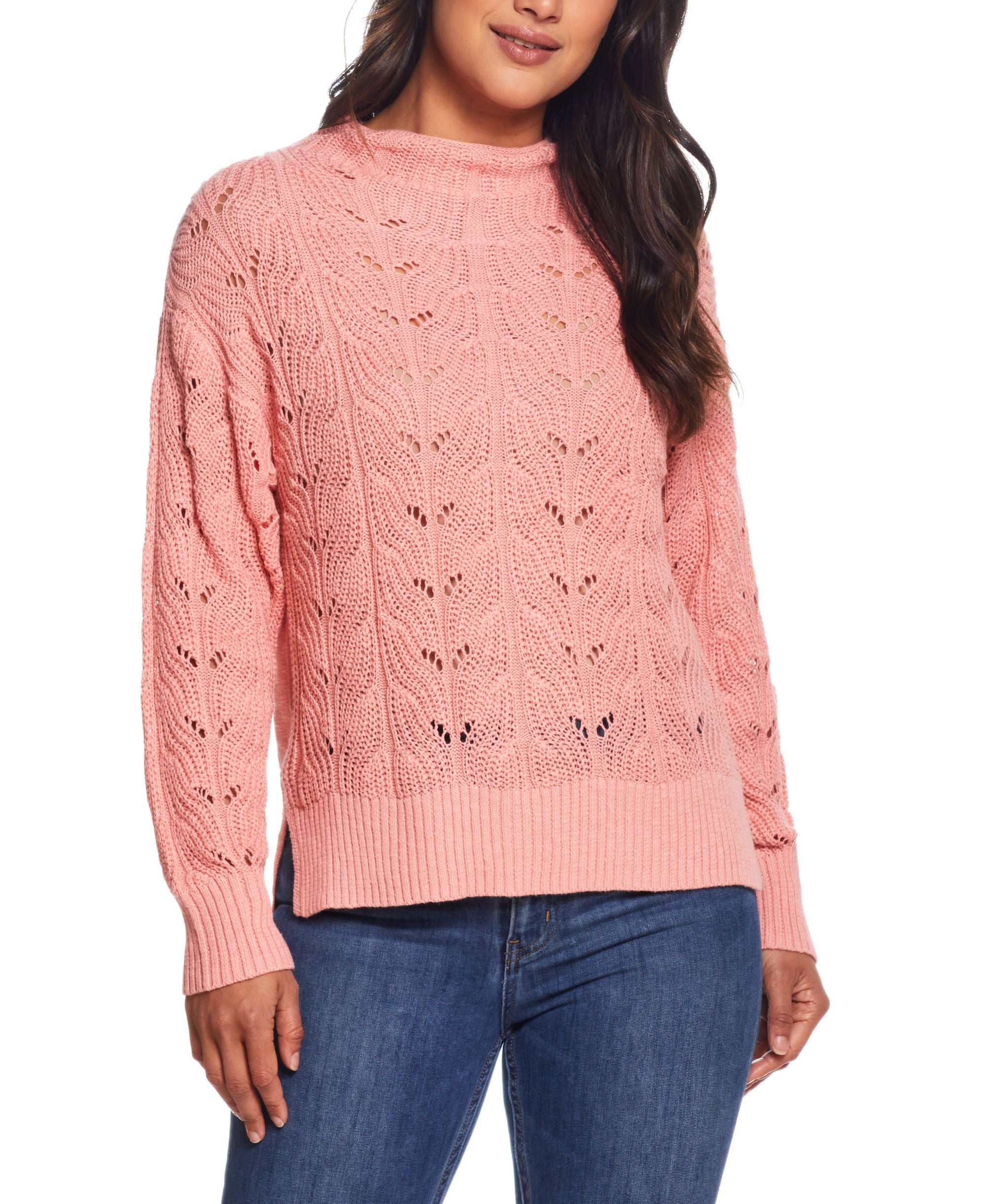 Womens Slub Pointelle Mock Neck Sweater