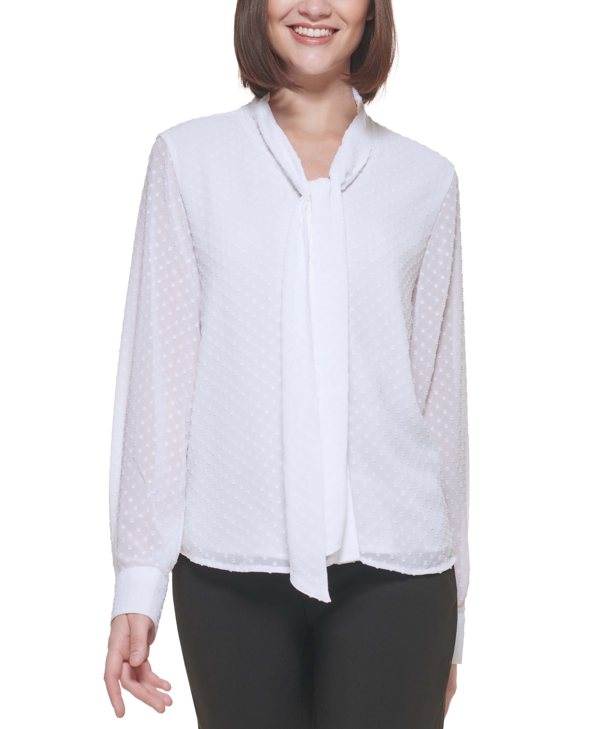 Calvin Klein Long Sleeve Clip Dot Tie Neck Blouse
