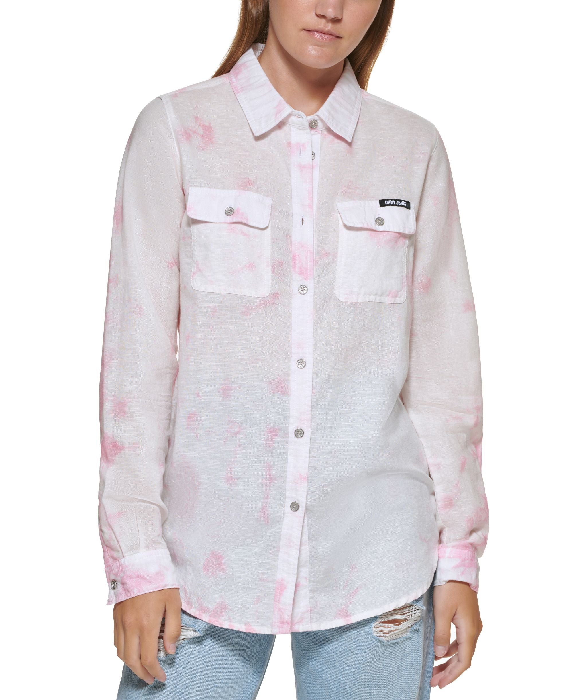 DKNY Jeans Womens Linen Blend Printed Button-Down Top