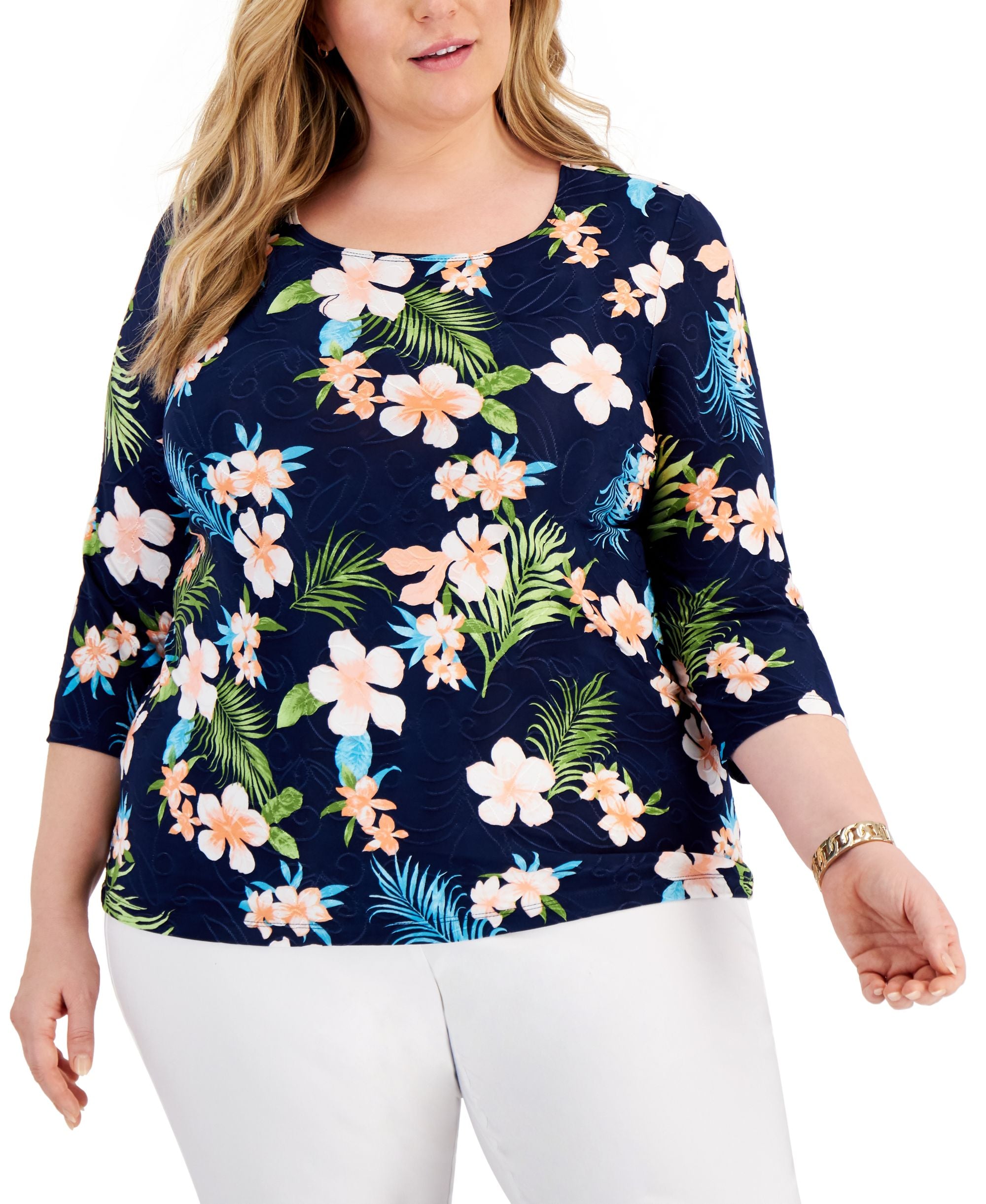 JM Collection Plus Size Floral Jacquard Top