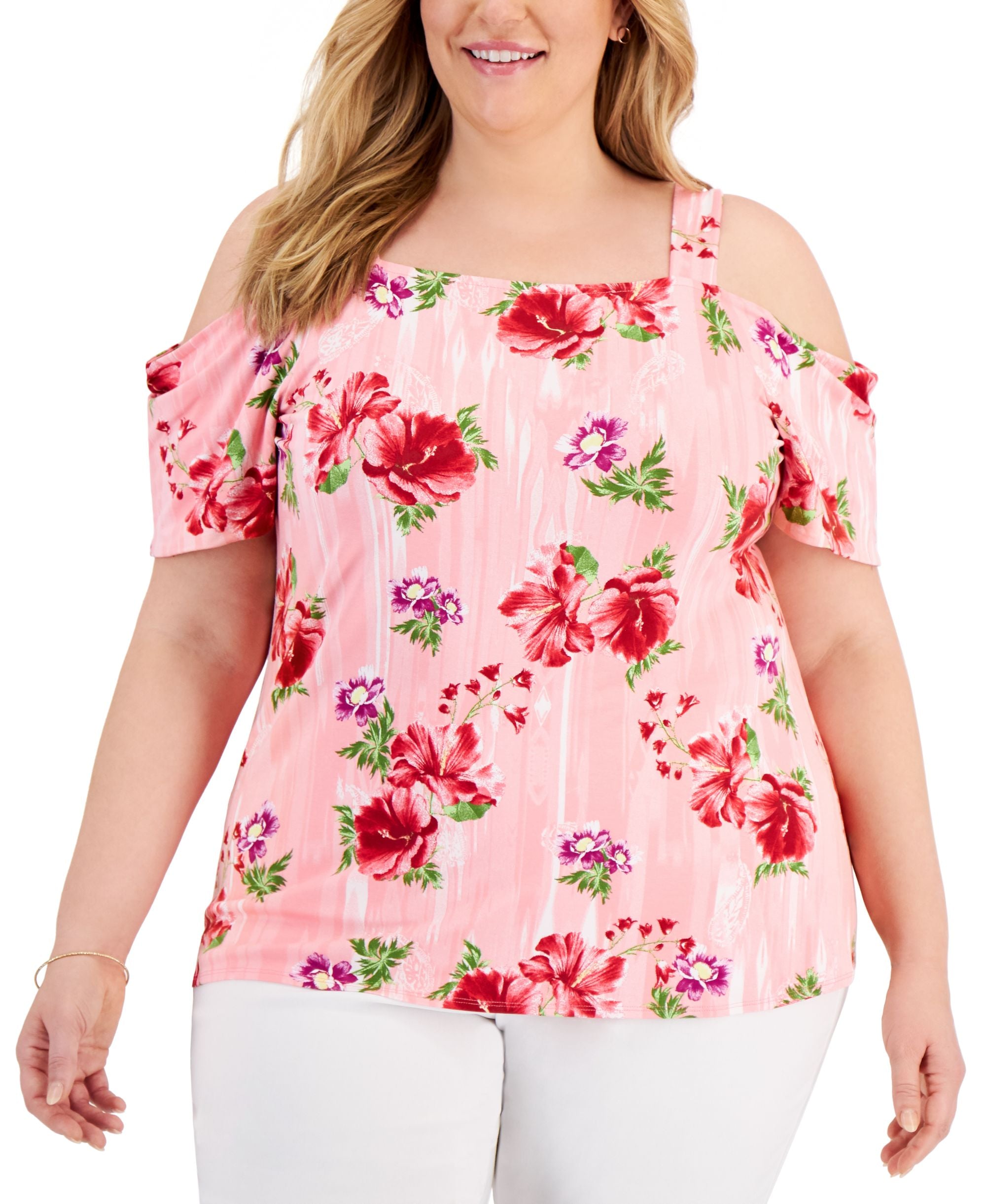 JM Collection Plus Size Printed Cold Shoulder Top