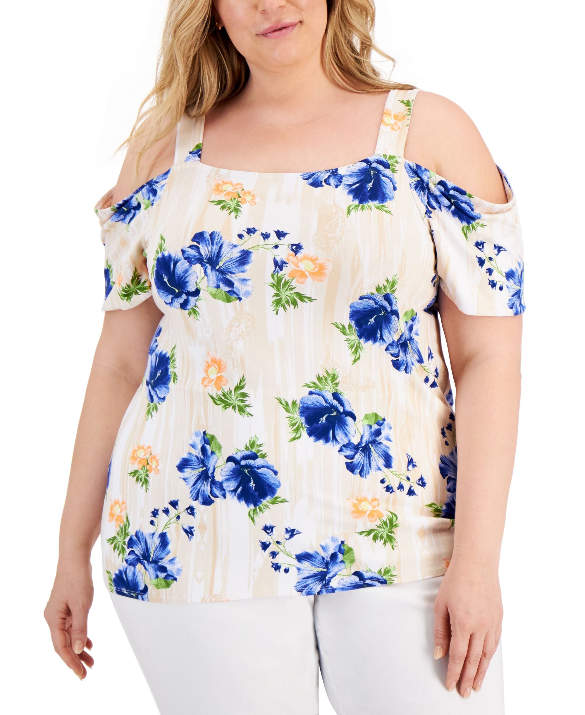 JM Collection Plus Size Printed Cold Shoulder Top