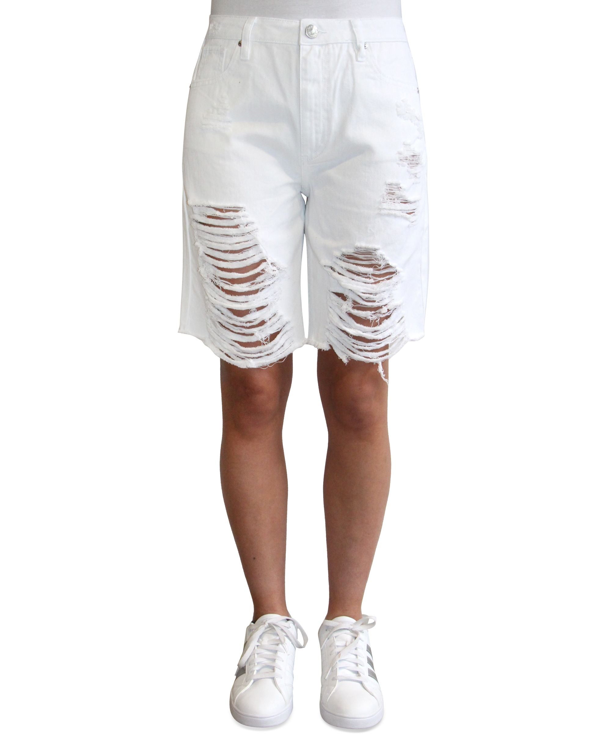 Almost Famous WHITE Girls Juniors Cotton Ripped Bermuda Shorts
