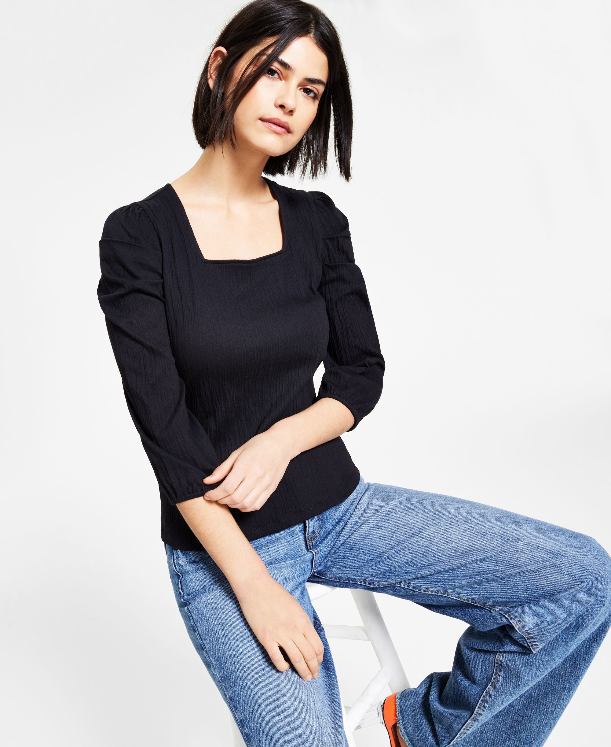 Bar III Square Neck Puff Shoulder Top