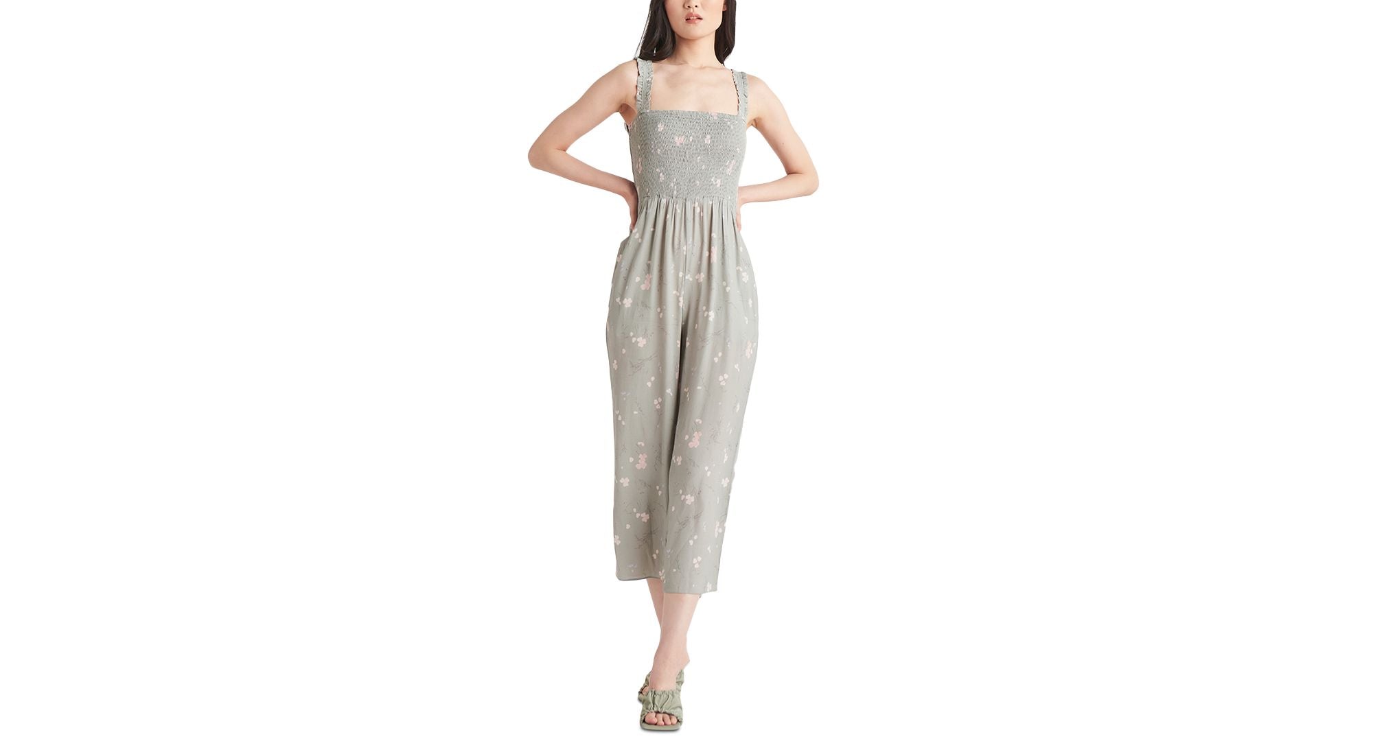 Black Tape Printed Smocked Wide Leg Jumpsuit