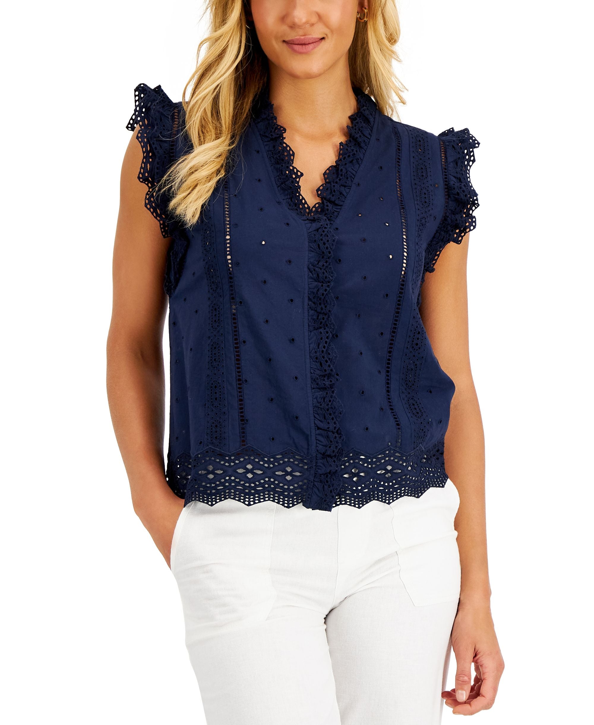 Charter Club Petite Cotton Ruffled Eyelet Trim Top