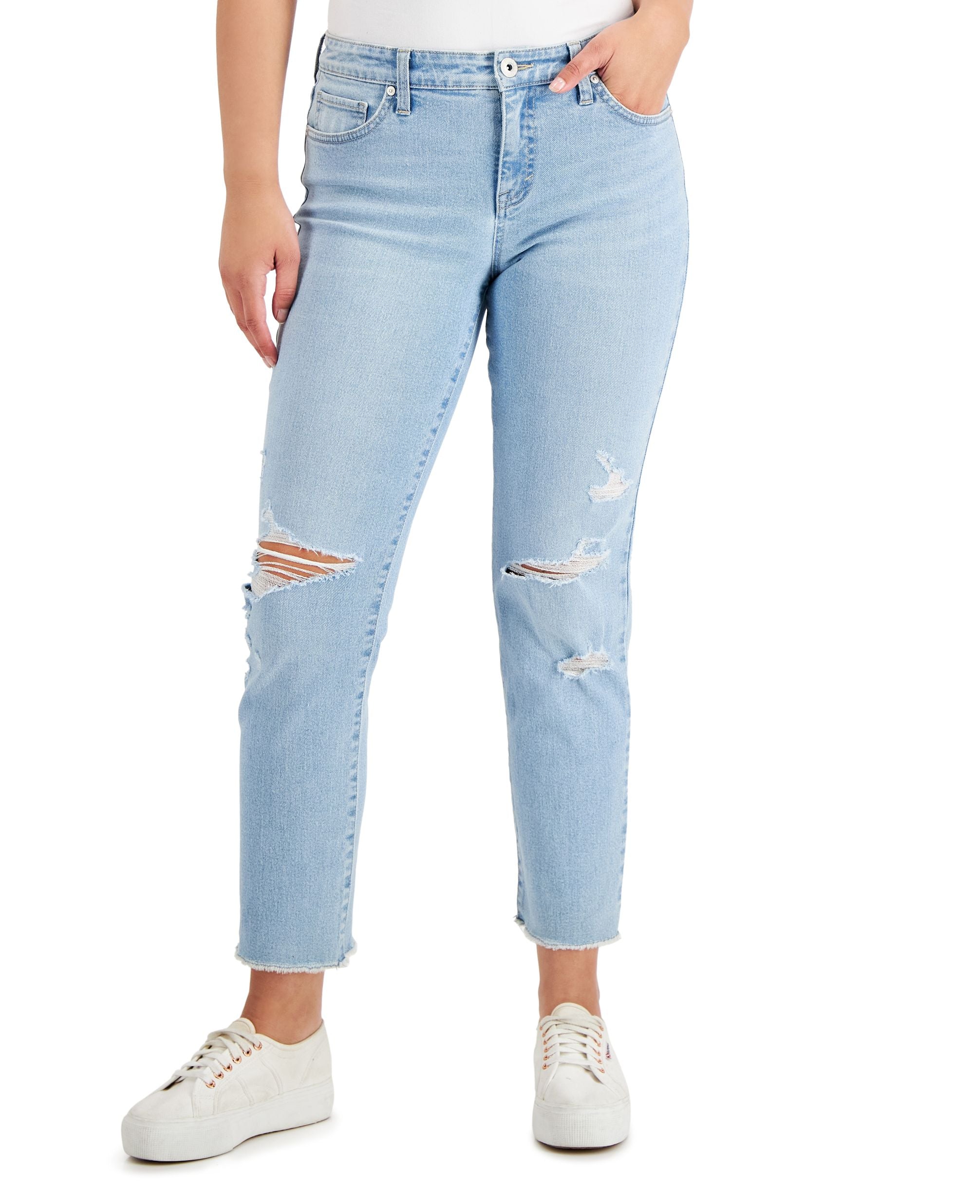 Style & Co Petite Mid Rise Ripped Boyfriend Jeans