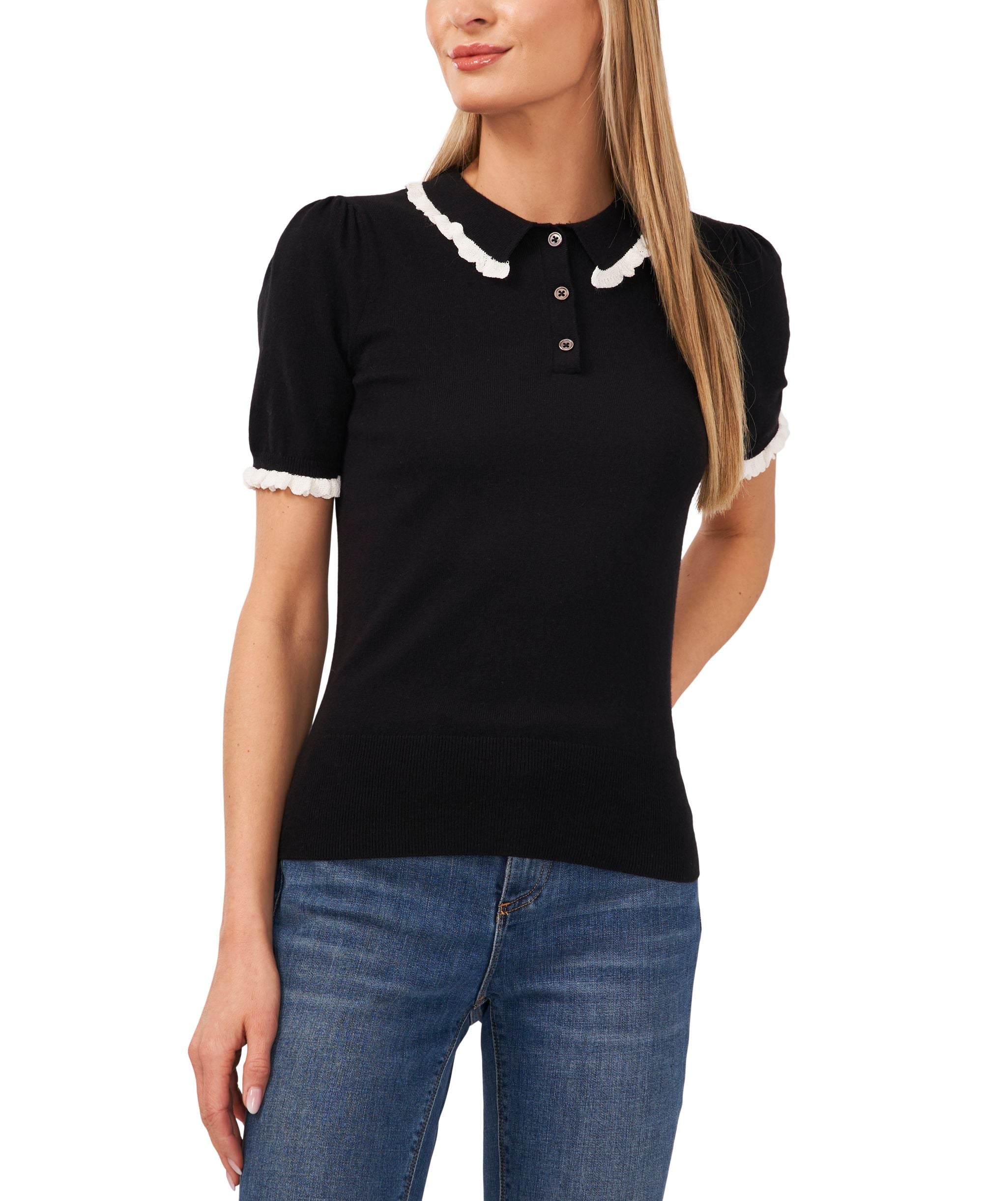 Cece Cotton Ruffle Trim Sweater