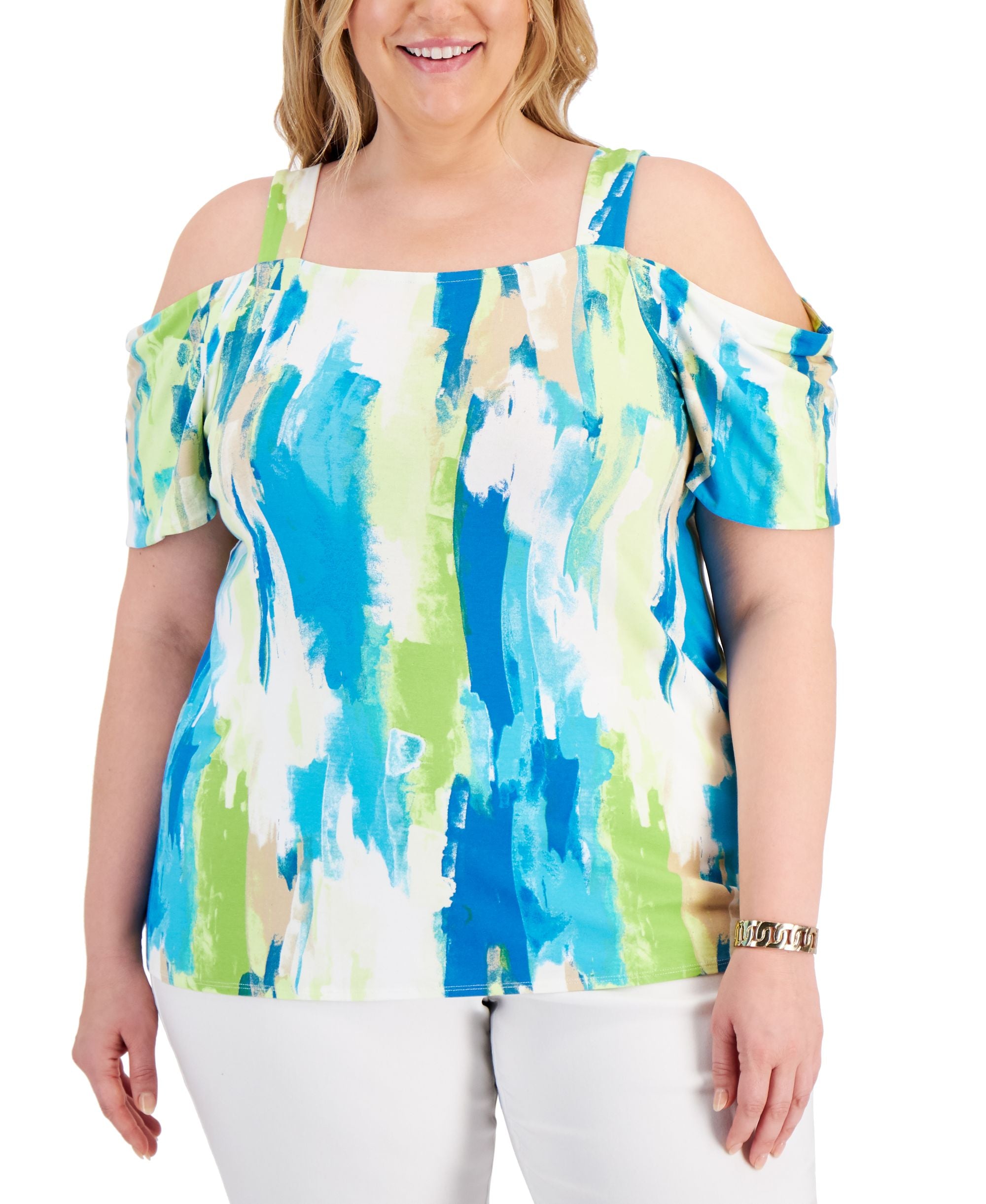 JM Collection Plus Size Printed Cold Shoulder Top