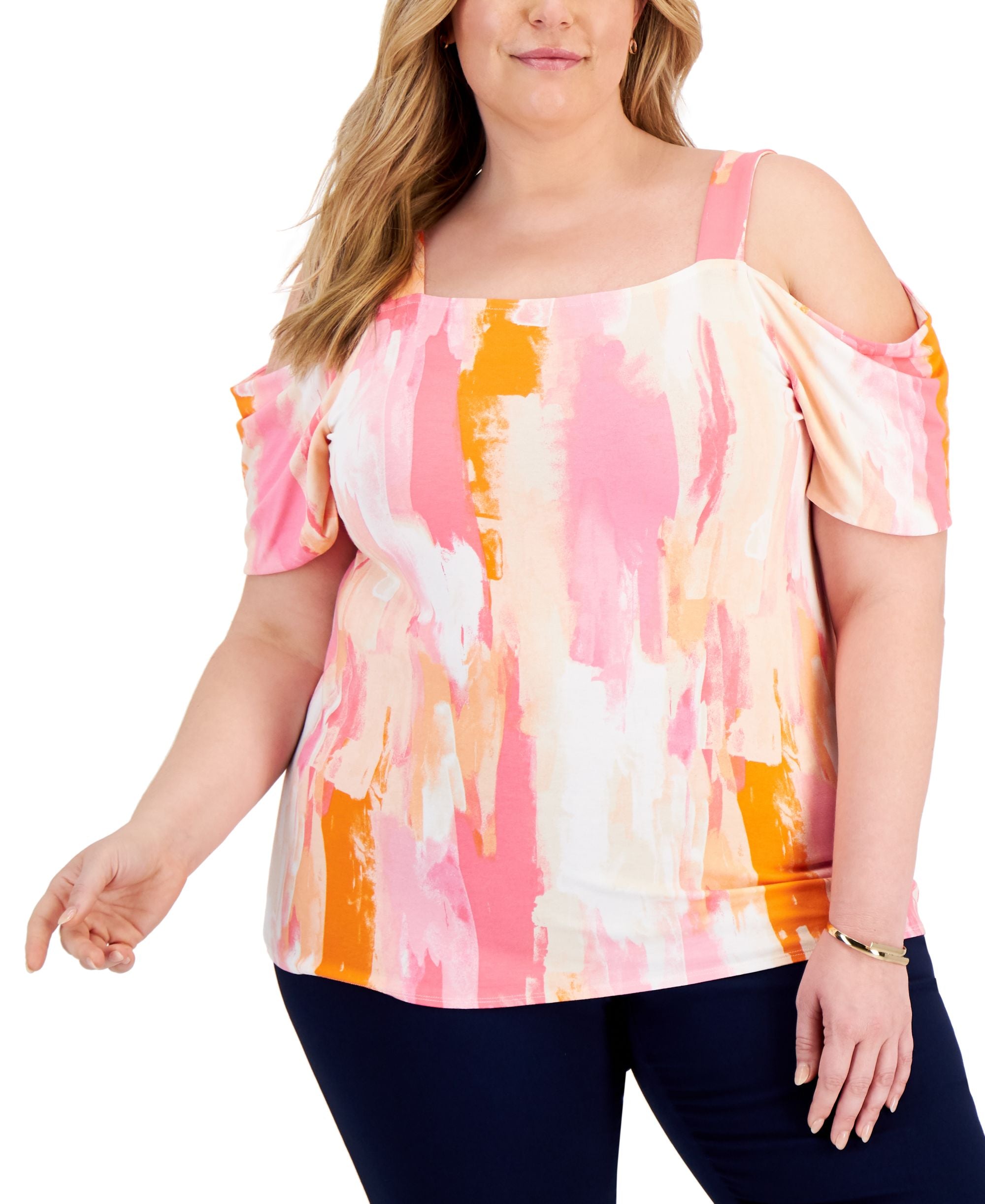 JM Collection Plus Size Printed Cold Shoulder Top