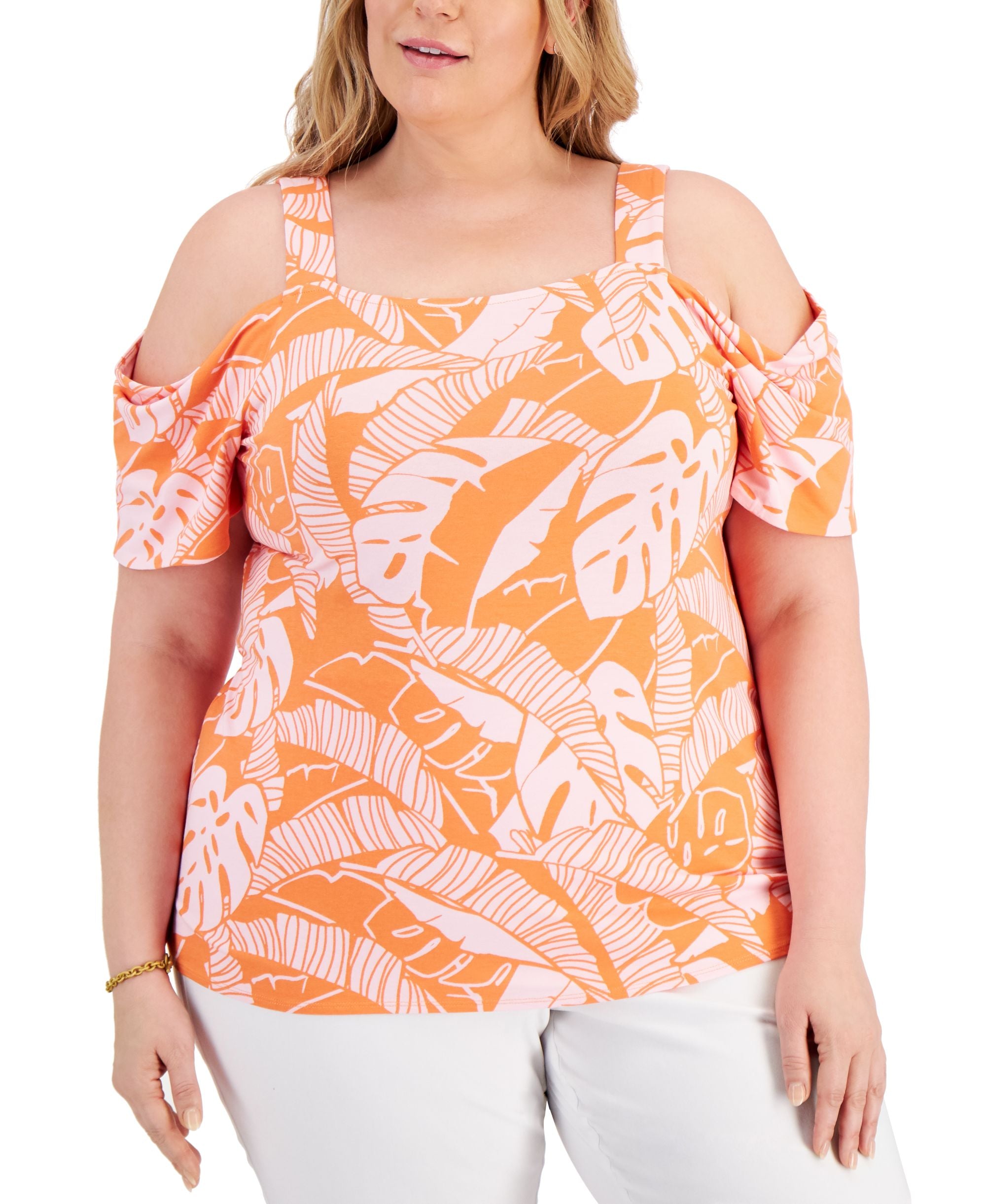 JM Collection Plus Size Printed Cold Shoulder Top
