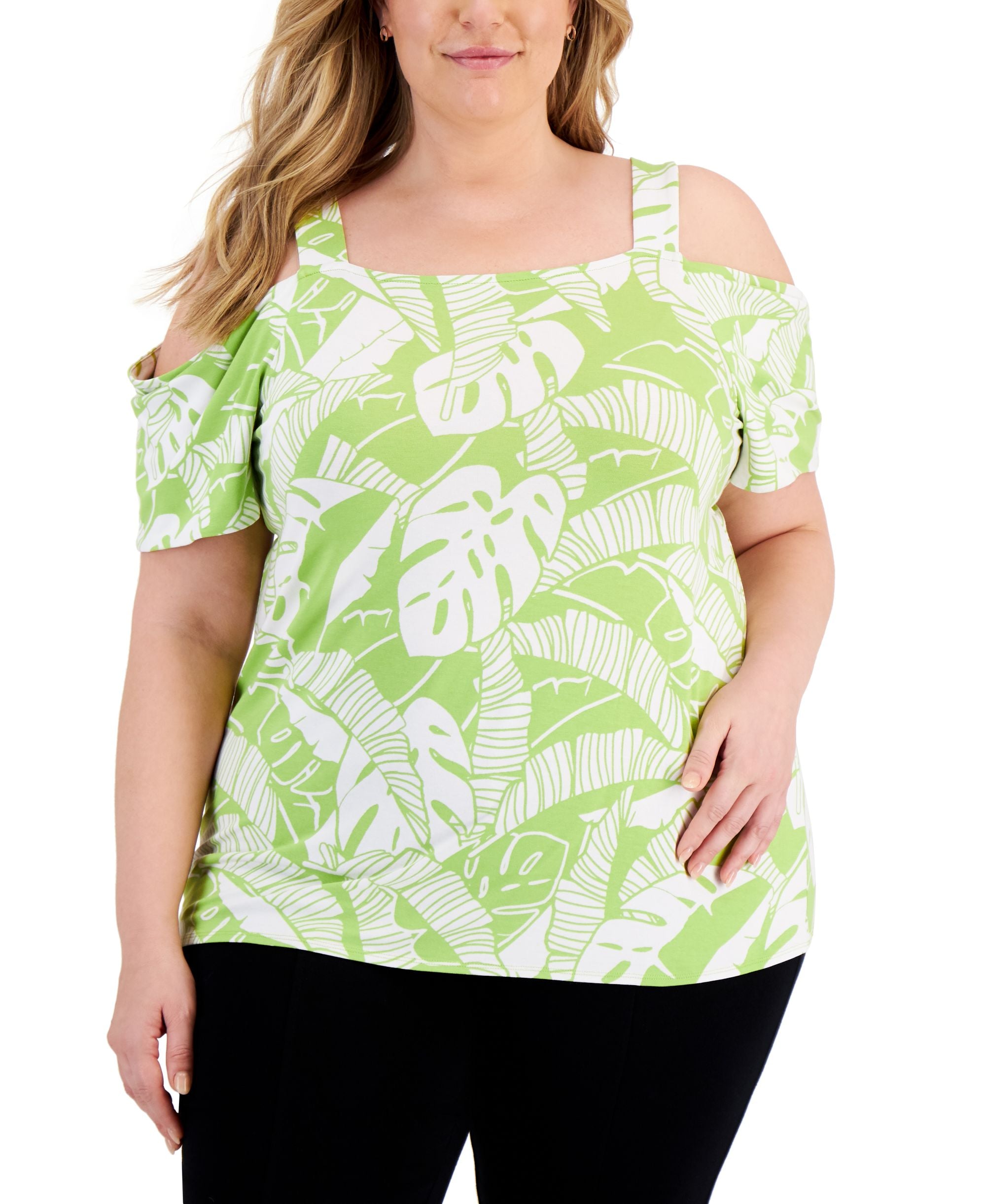 JM Collection Plus Size Printed Cold Shoulder Top
