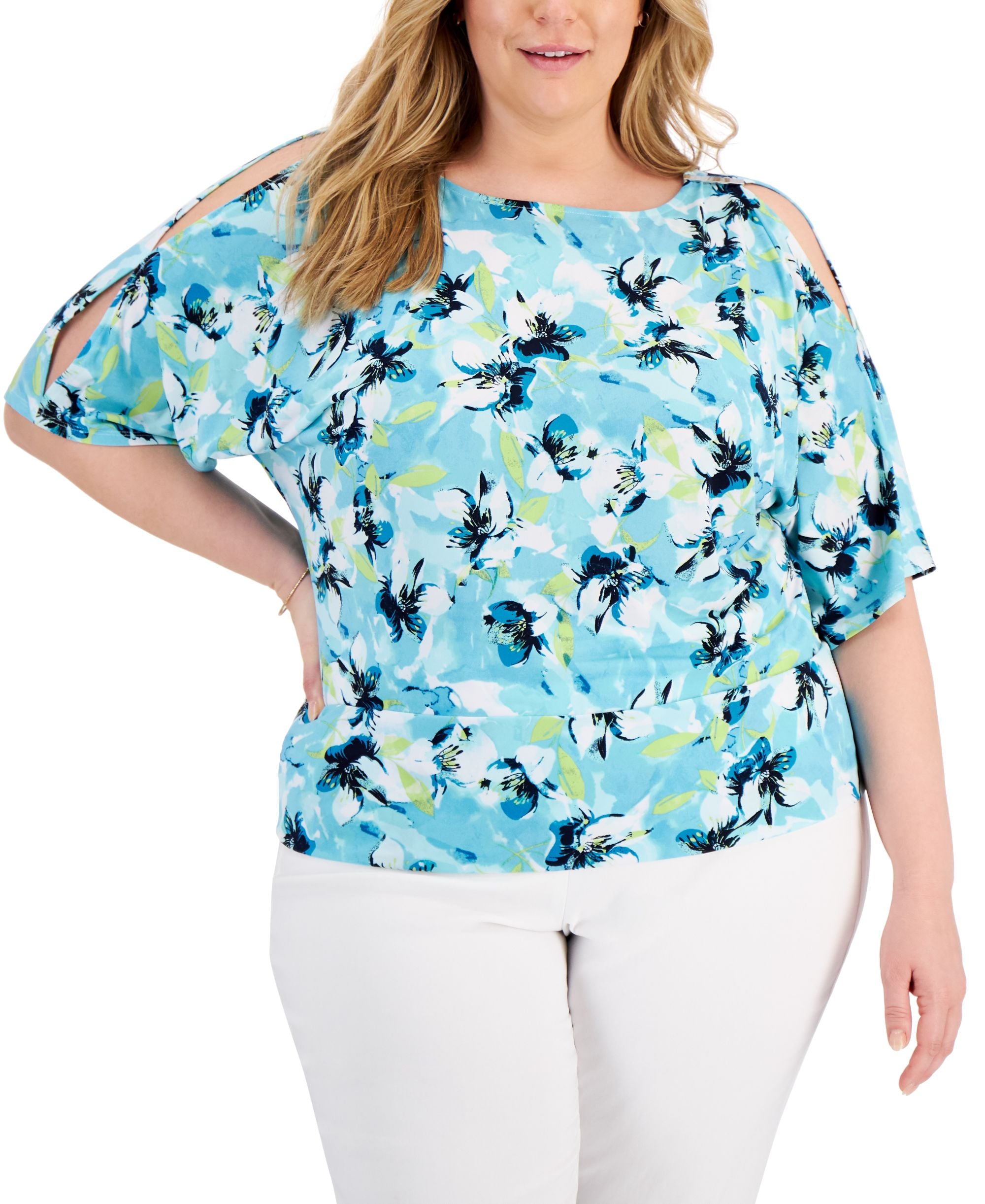 JM Collection Plus Size Printed Cold Shoulder Top