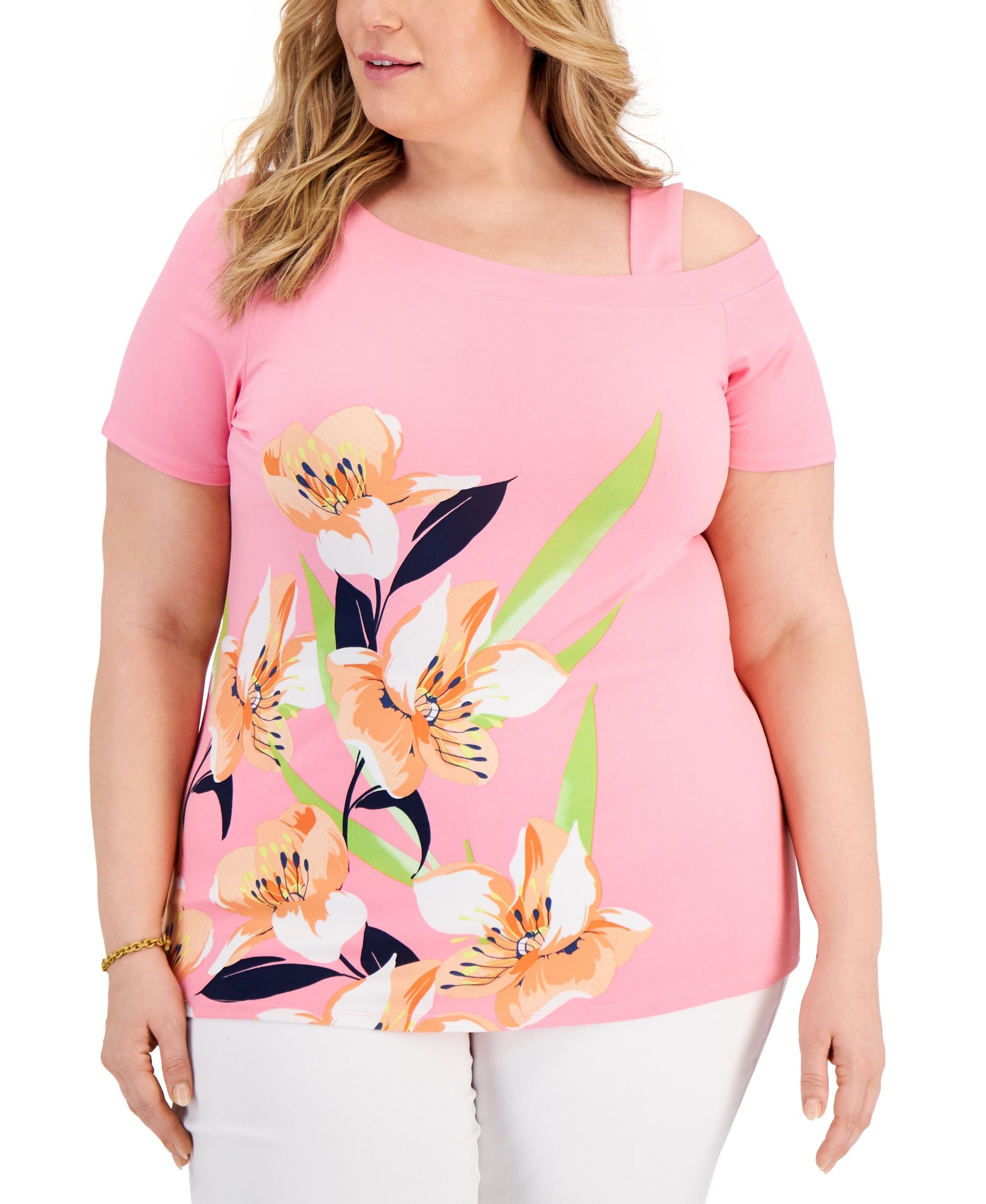 JM Collection Plus Size Floral Cold-Shoulder Top