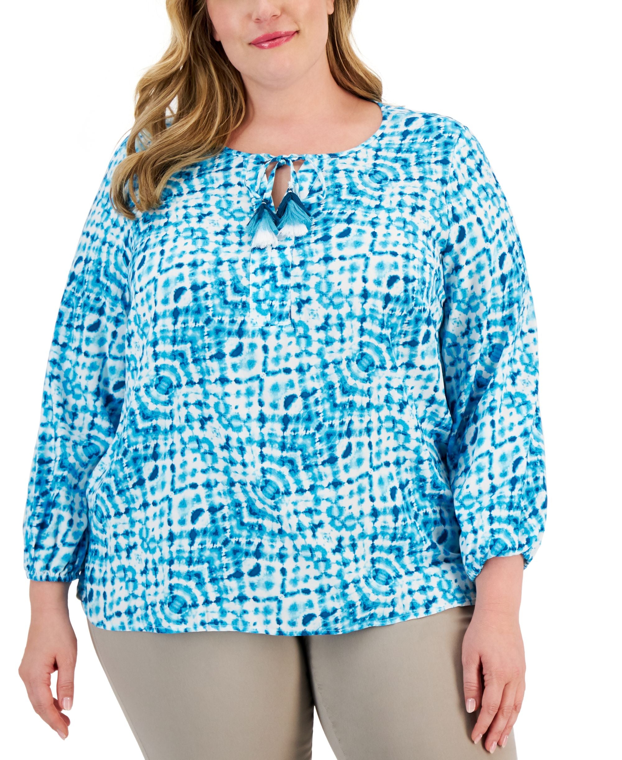 JM Collection Plus Size Printed Peasant Top