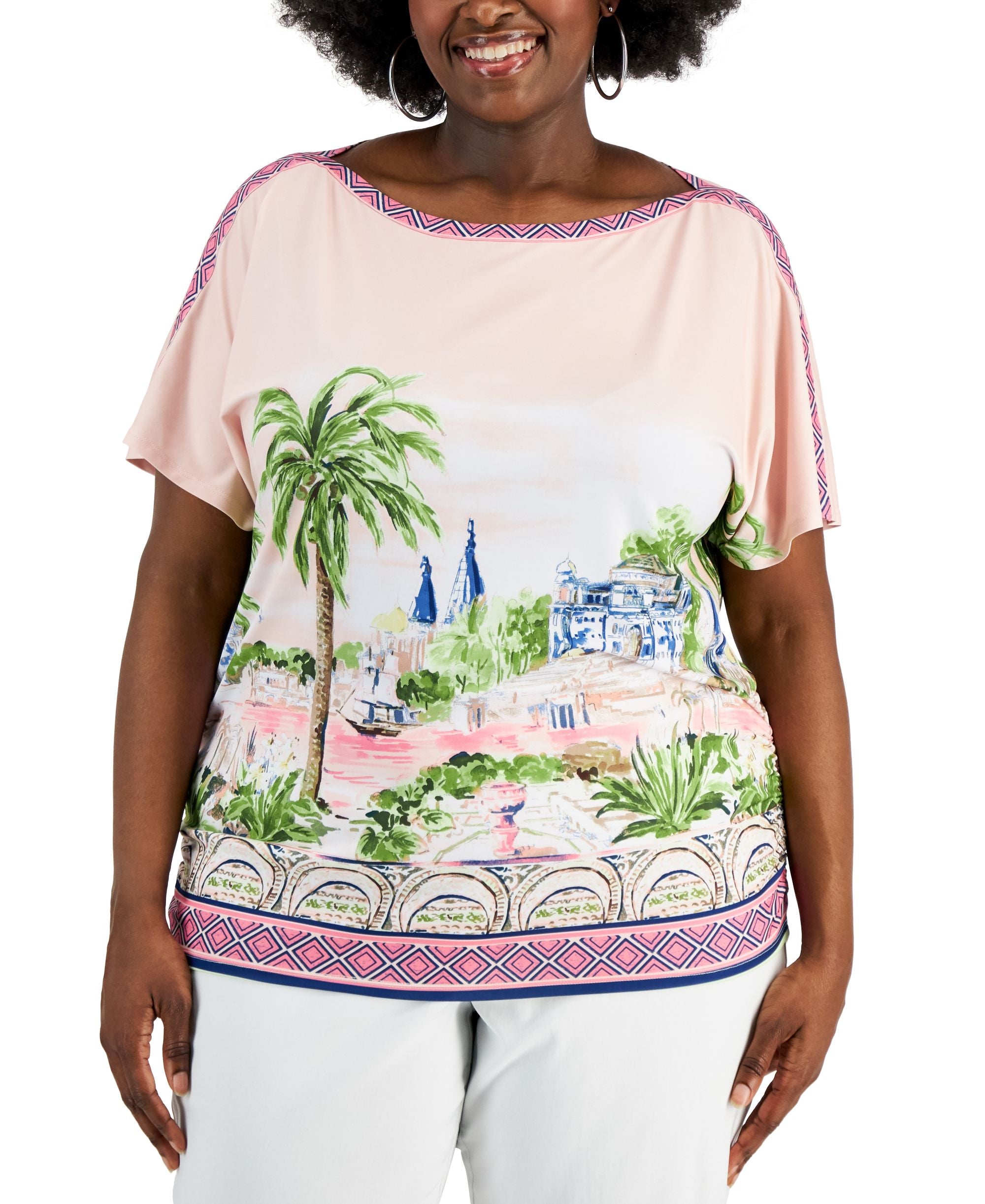 JM Collection Plus Size Postcard Print Top