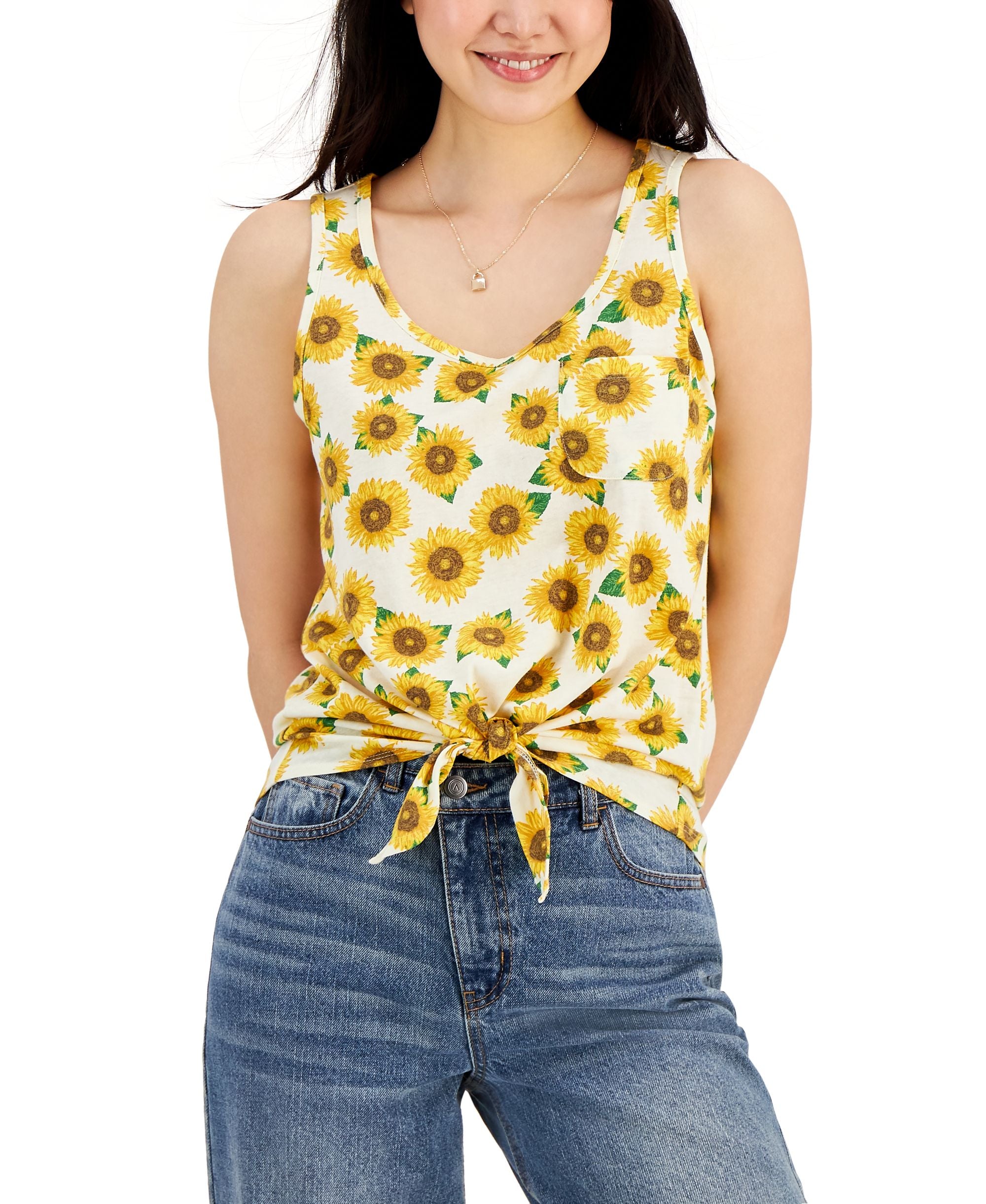 Juniors' Sunflower-Print Tie-Hem Tank Top