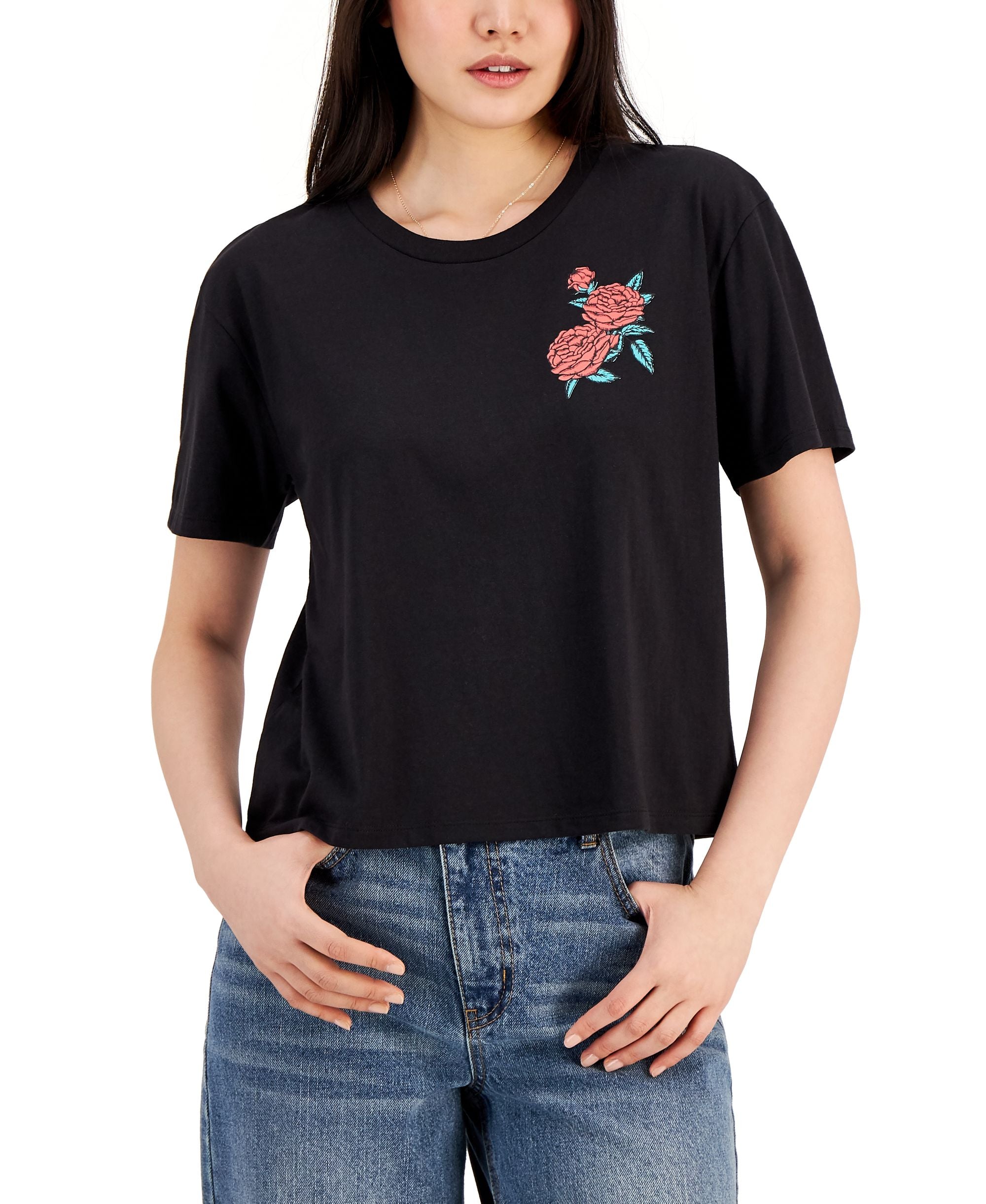 Juniors' Rose Front-Back Graphic-Print T-Shirt