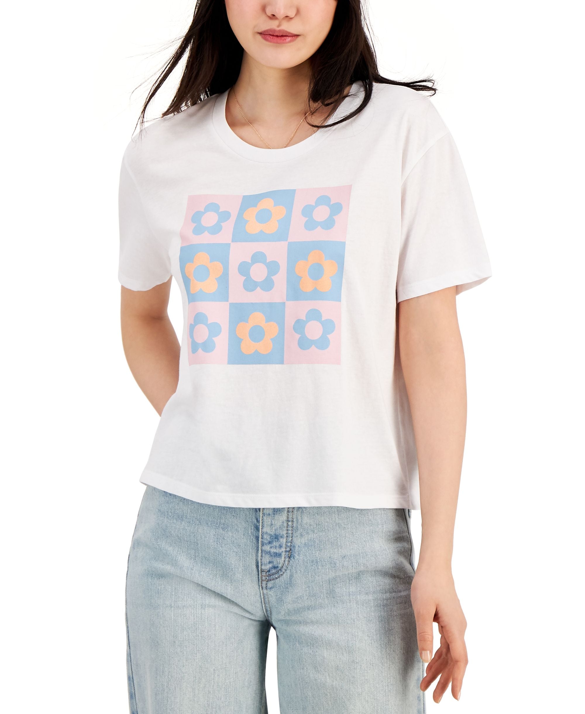 Juniors' Checkered Flower Graphic-Print T-Shirt