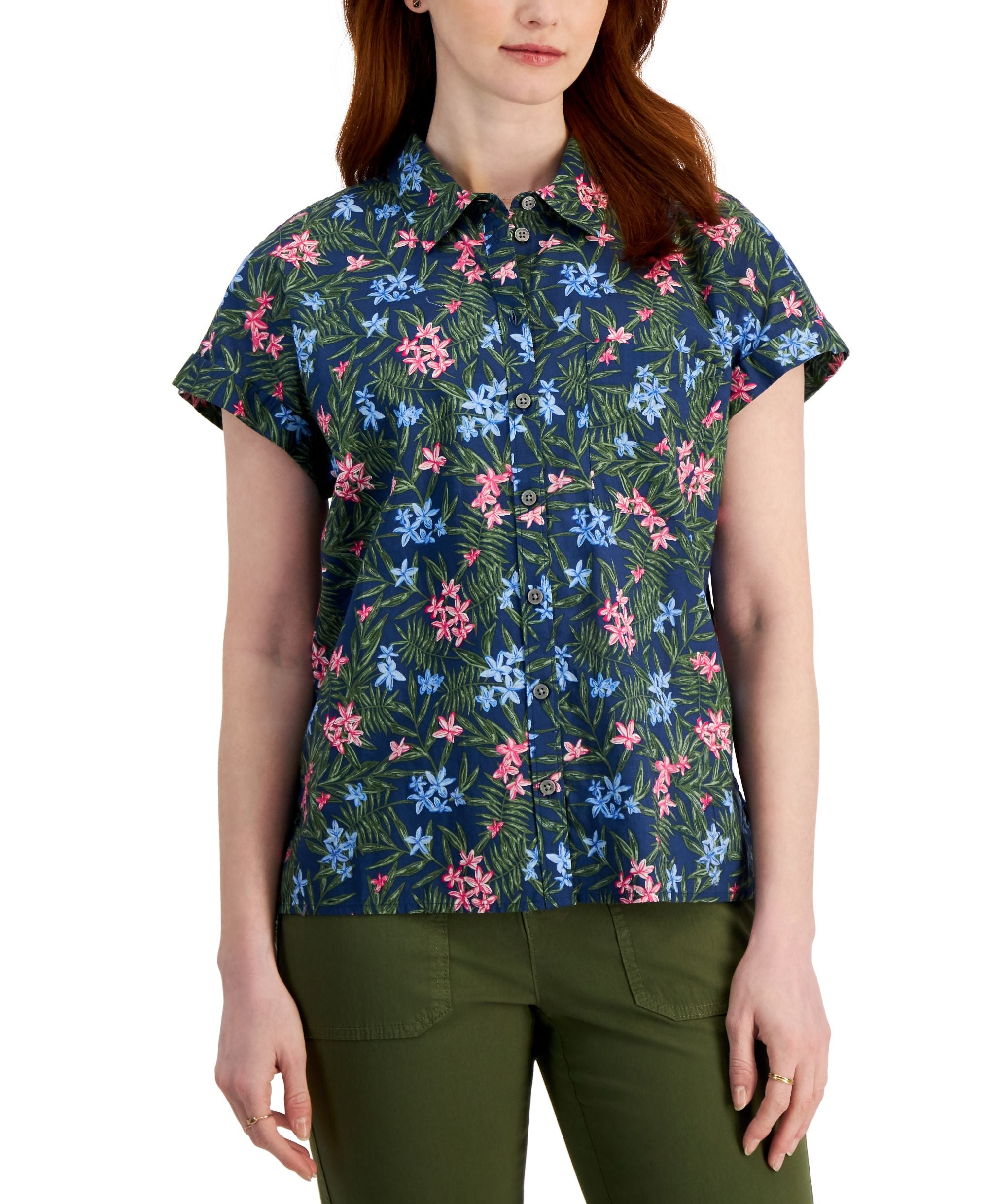 Style & Co Womens Cotton Printed Camp Shirt