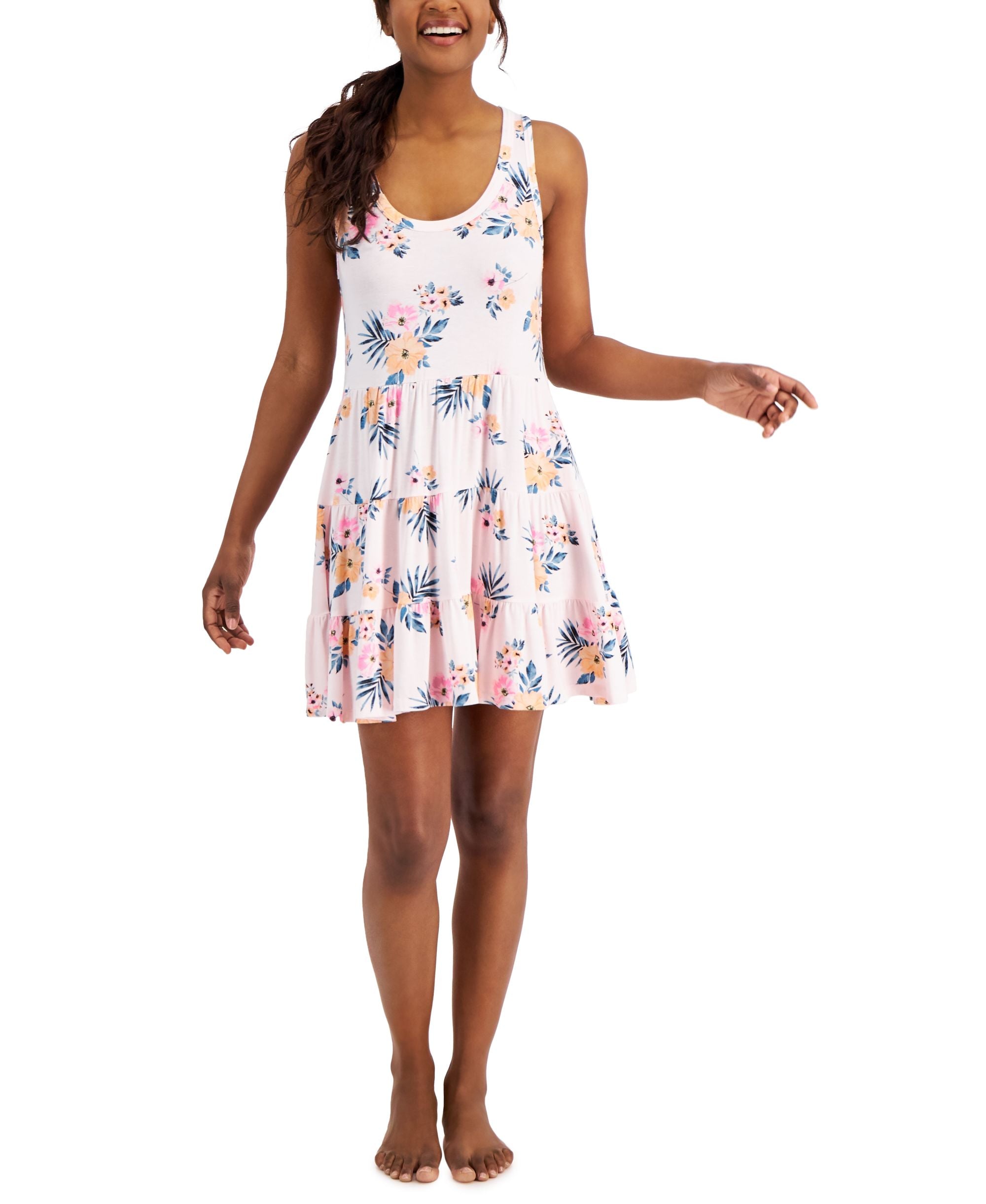 Jenni Womens Printed Sleeveless Tiered Chemise
