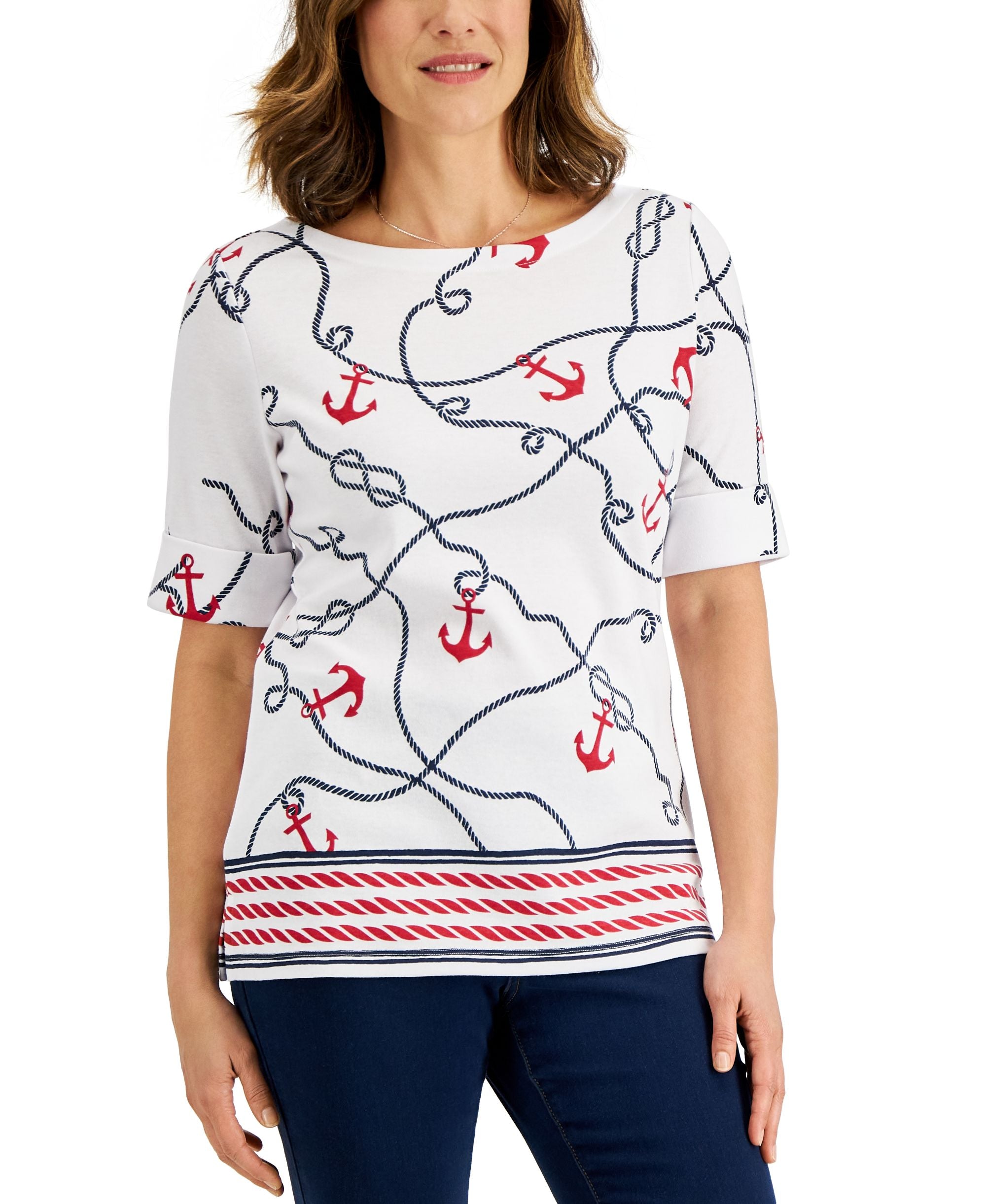 Karen Scott Womens Anchor Print Elbow Sleeve Top