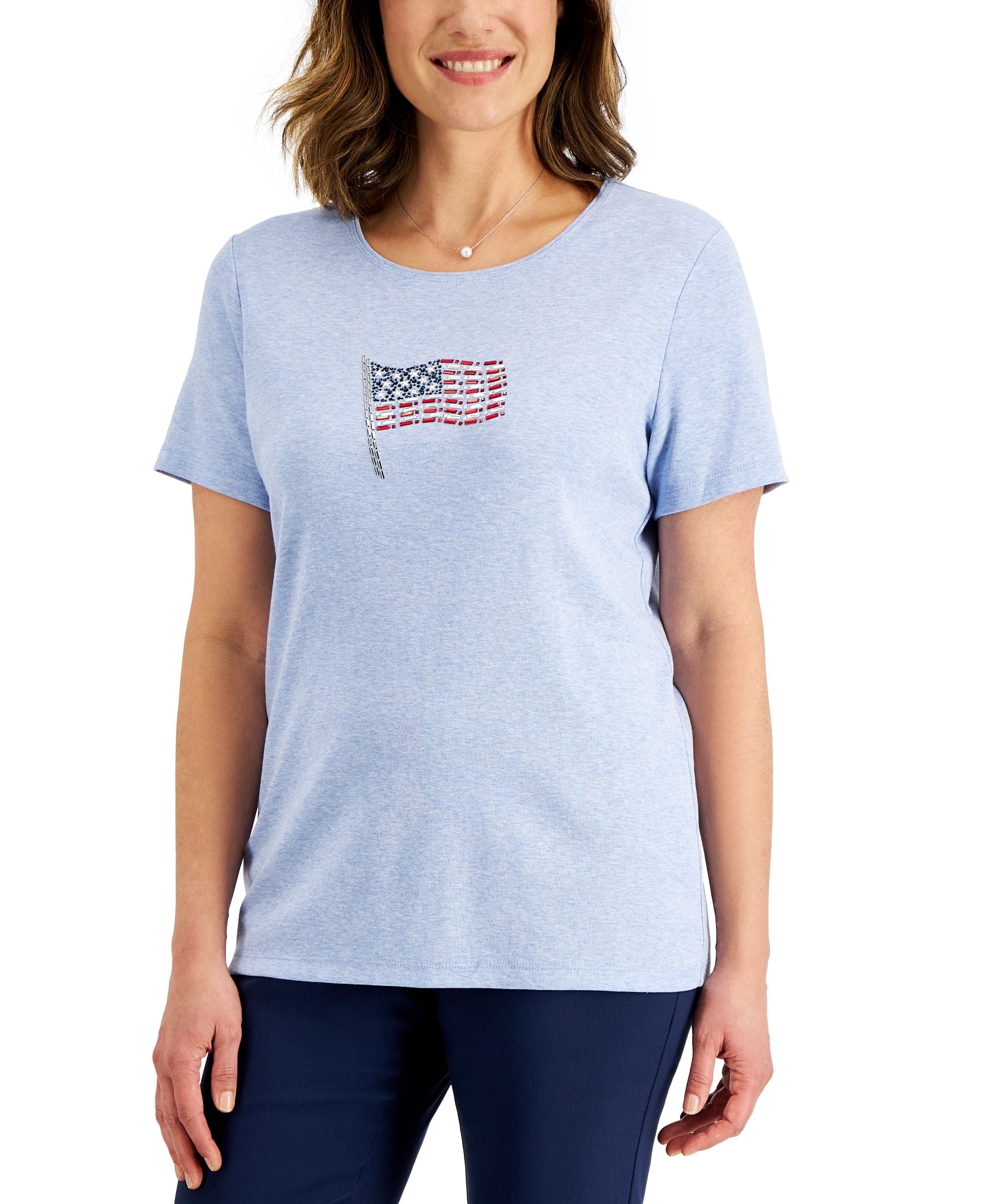 Karen Scott Womens Rhinestone Flag Top