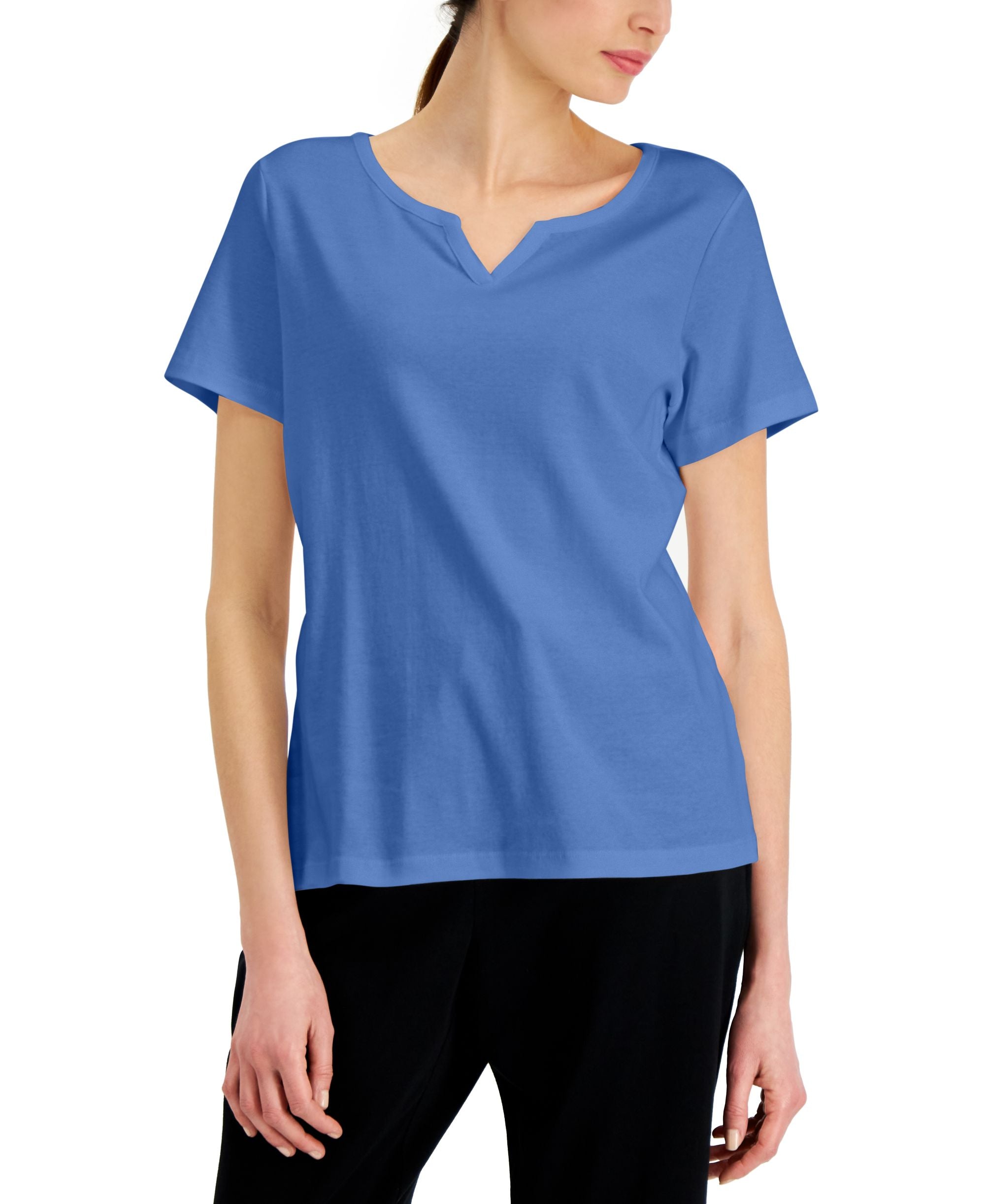 Karen Scott Petite Cotton Split Neck Top