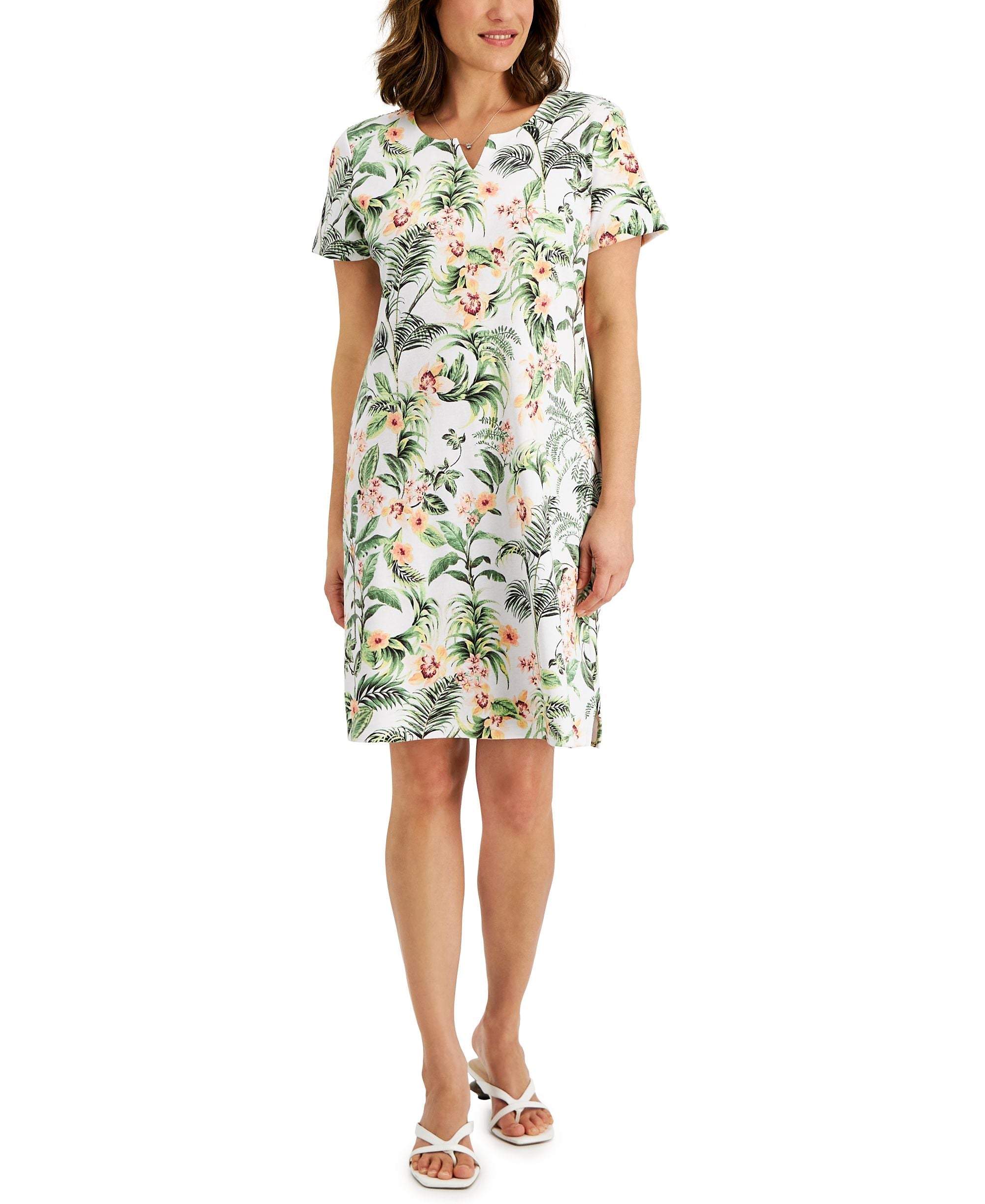 Karen Scott Womens Bali Printed Split Neck Dress