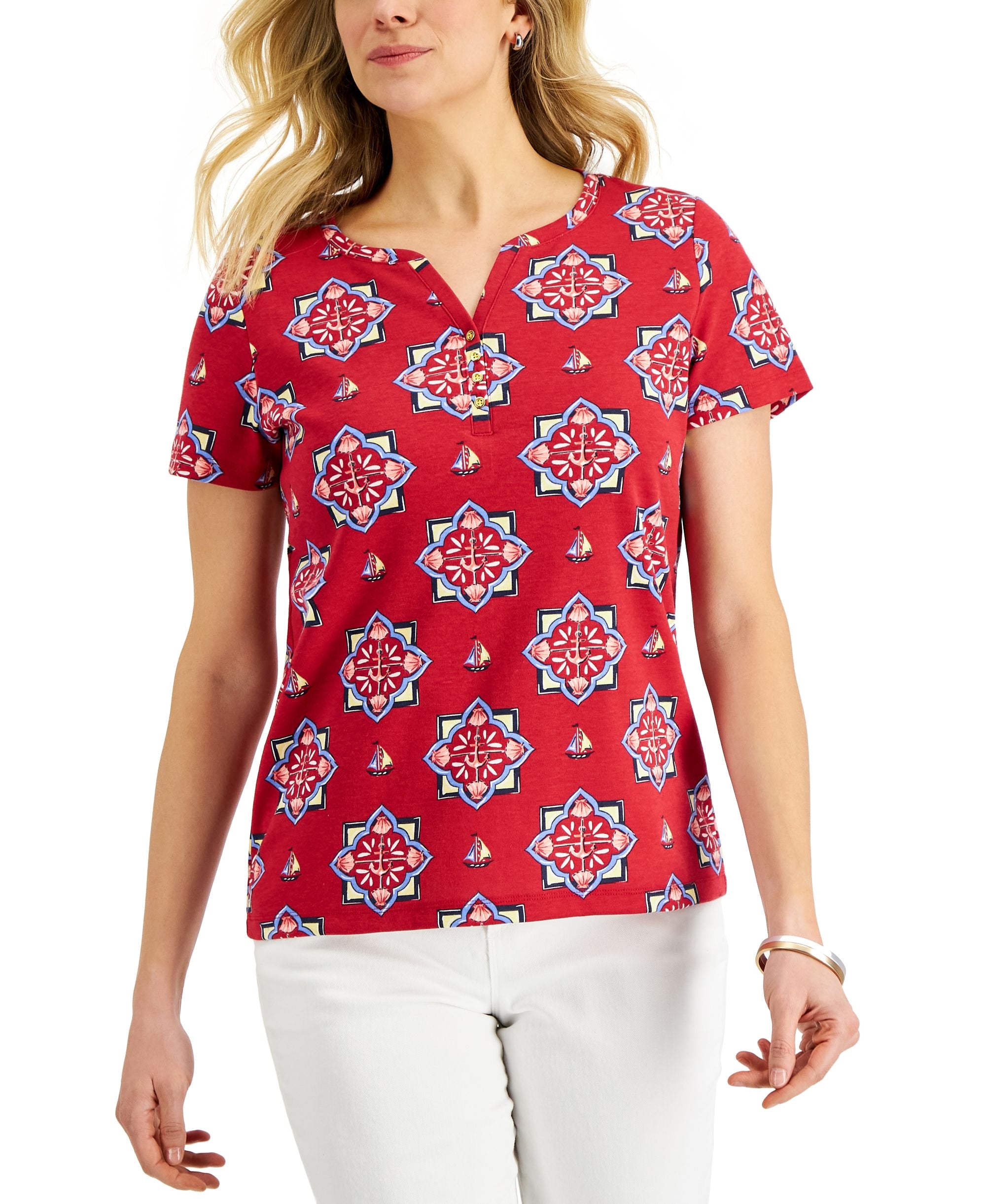Karen Scott Womens Medallion Medley Printed Henley Top