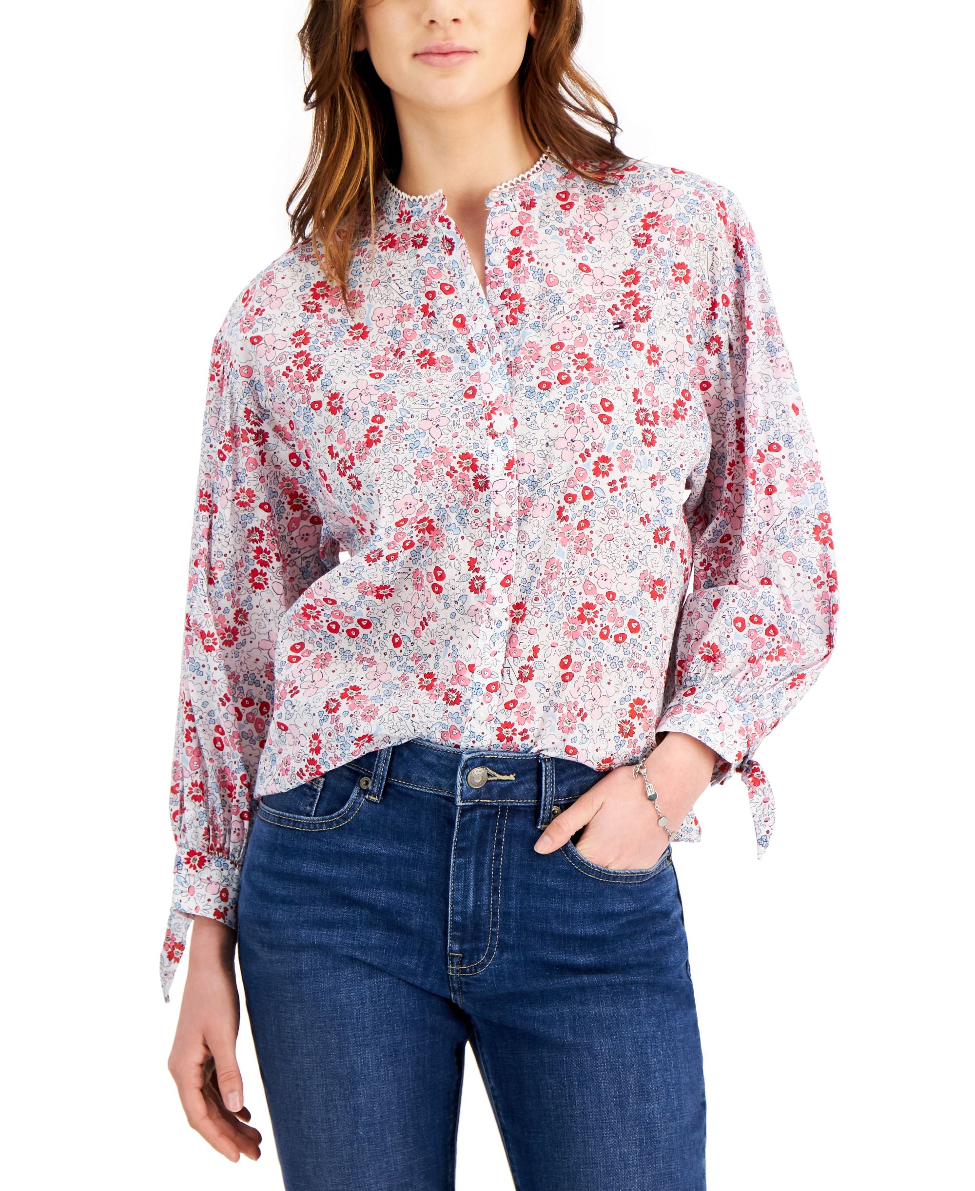 Tommy Hilfiger Tie Sleeve Floral Button Down Top