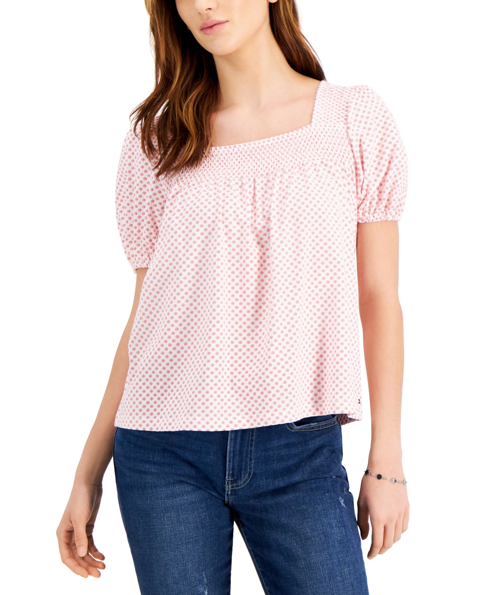 Tommy Hilfiger Womens Floral Print Smocked Pullover Top