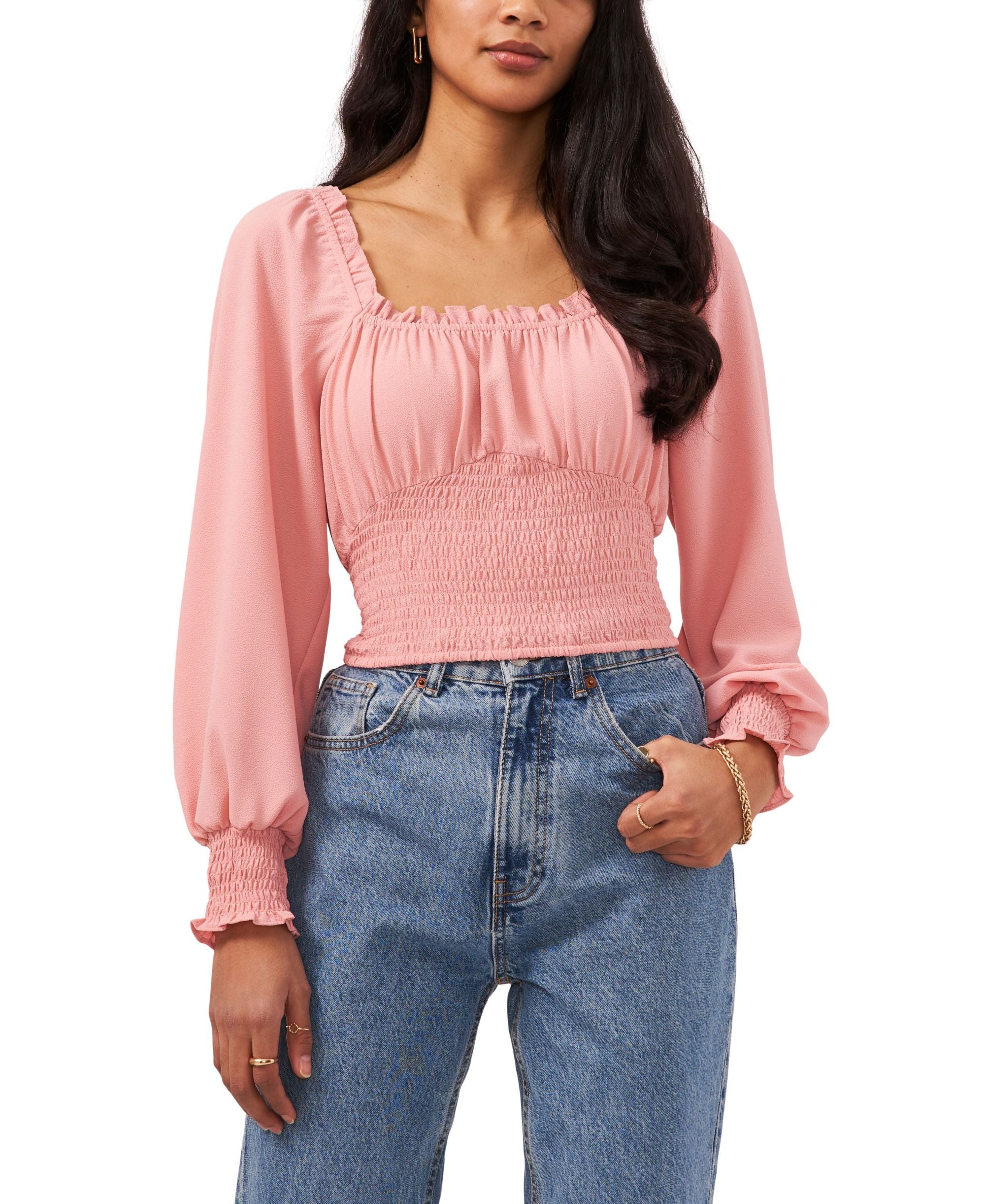 1.State Long Sleeve Elasticized Neckline Smocked Waist Top3624