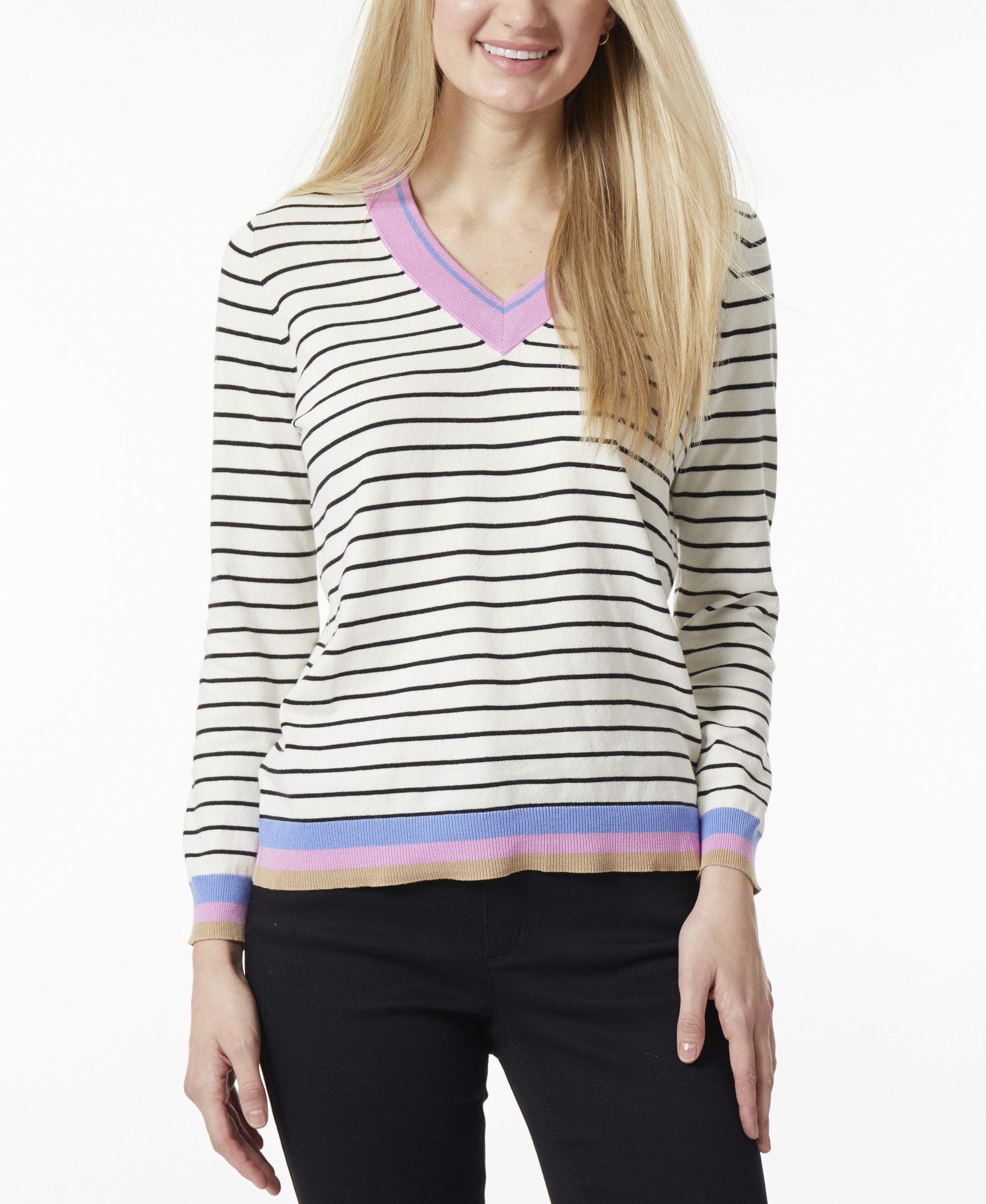 Womens Relaxed V Neck Sweater With Stripes