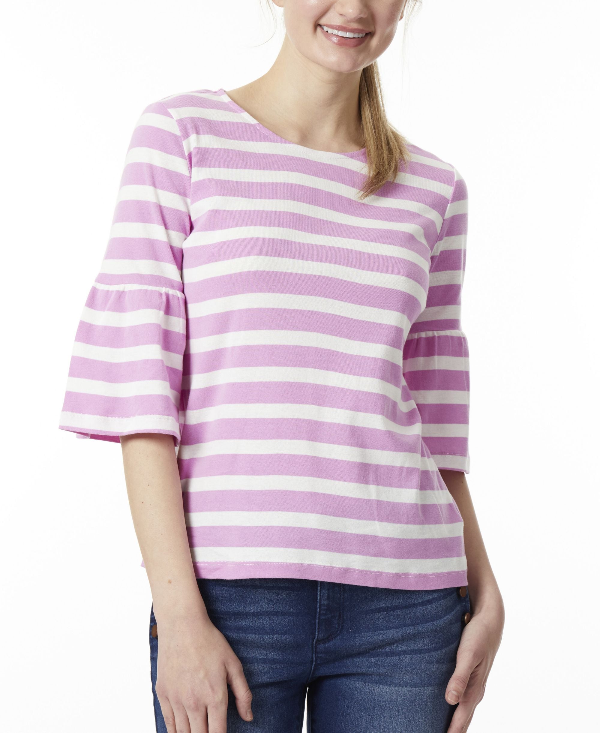Womens Stripe Cotton Crew Neck Elbow Bell Sleeve Top