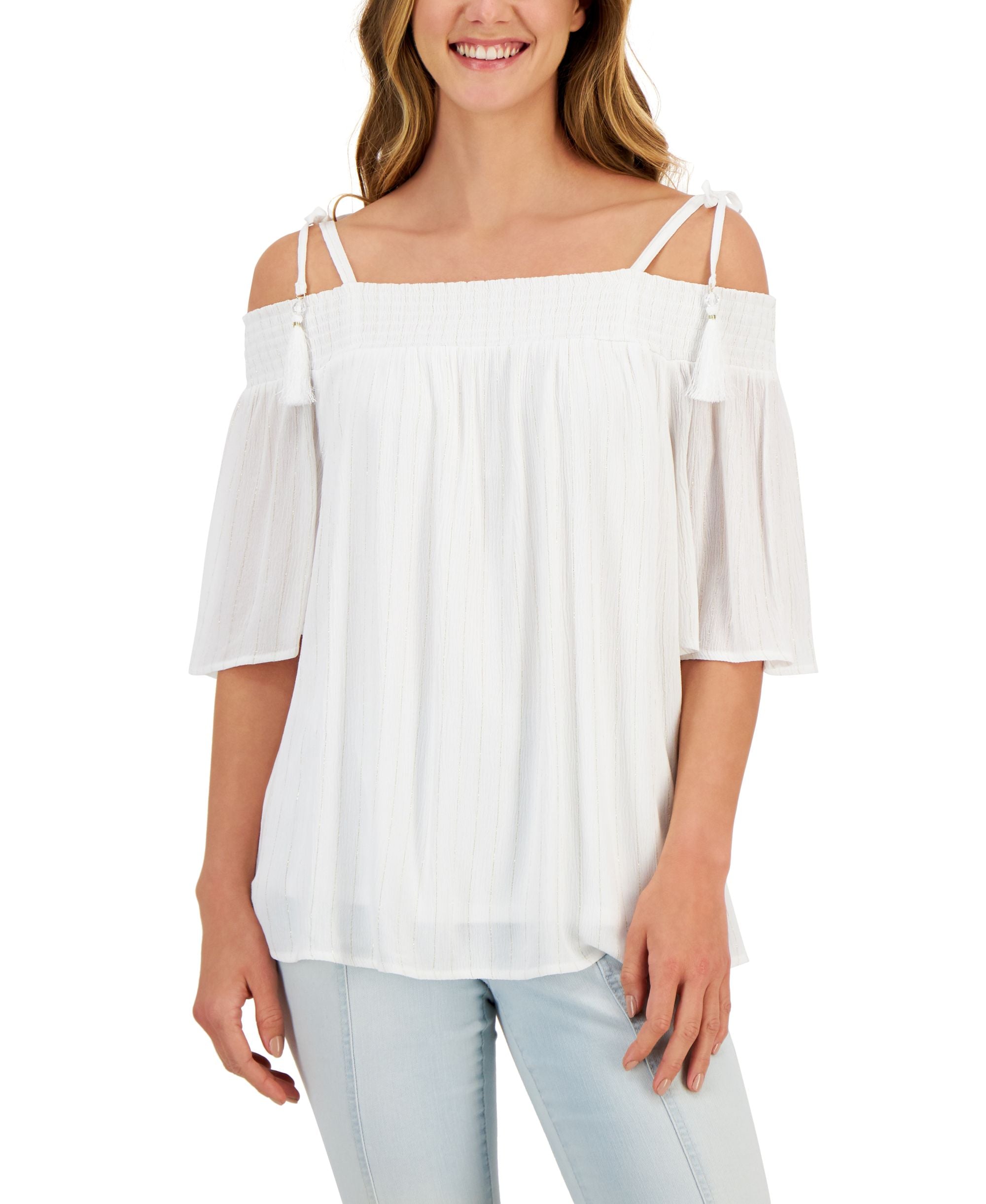 JM Collection Petite Tie Shoulder Tassel Top