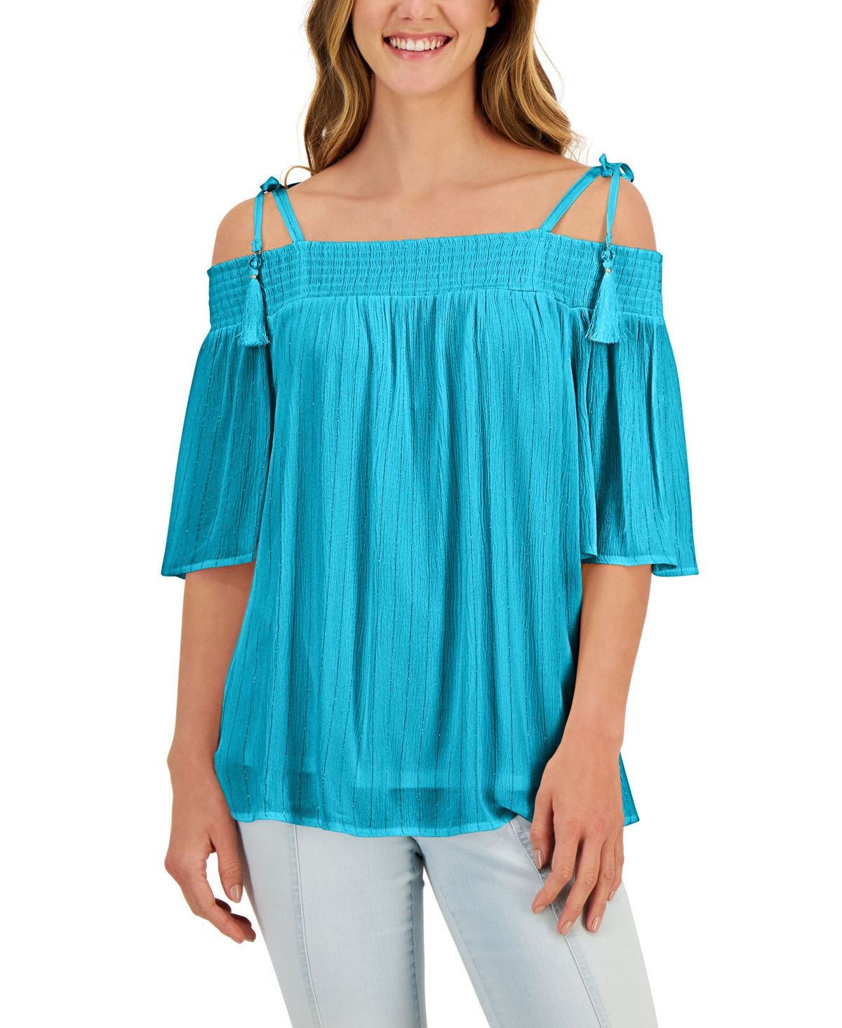 JM Collection Petite Tie Shoulder Tassel Top