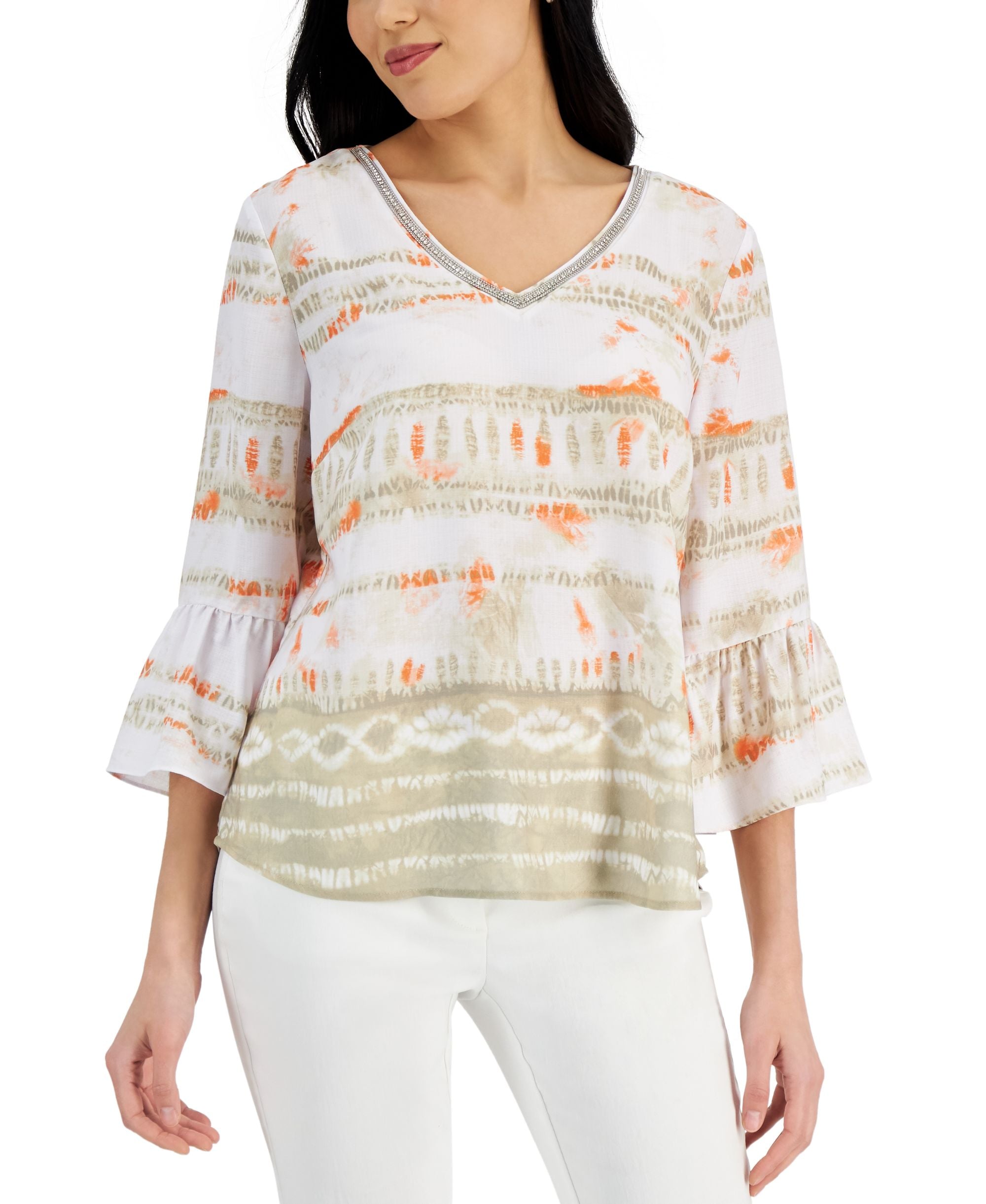 JM Collection Petite Tie-Dyed Bell-Sleeve Top