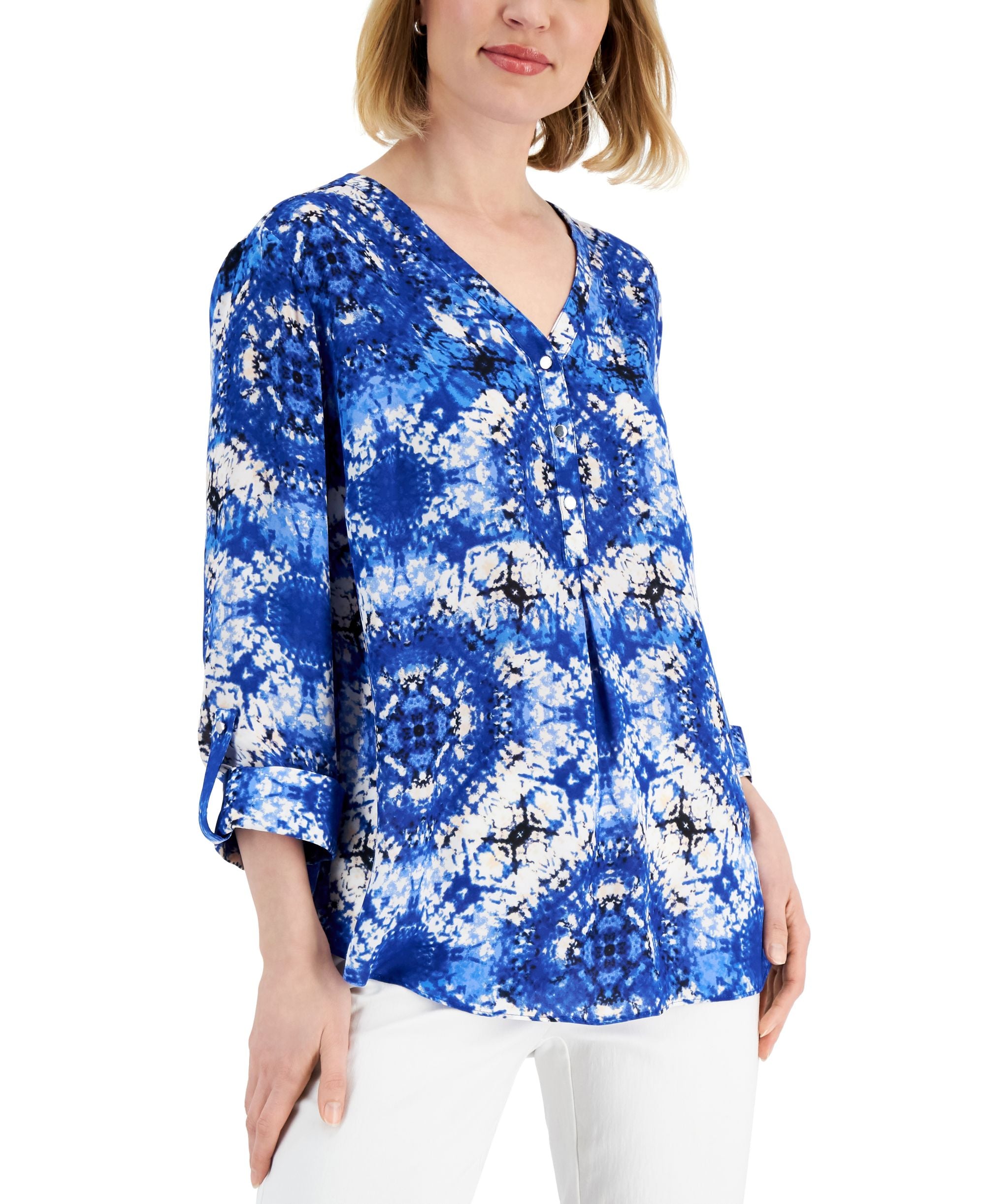 JM Collection Womens Printed Y-Neck Top