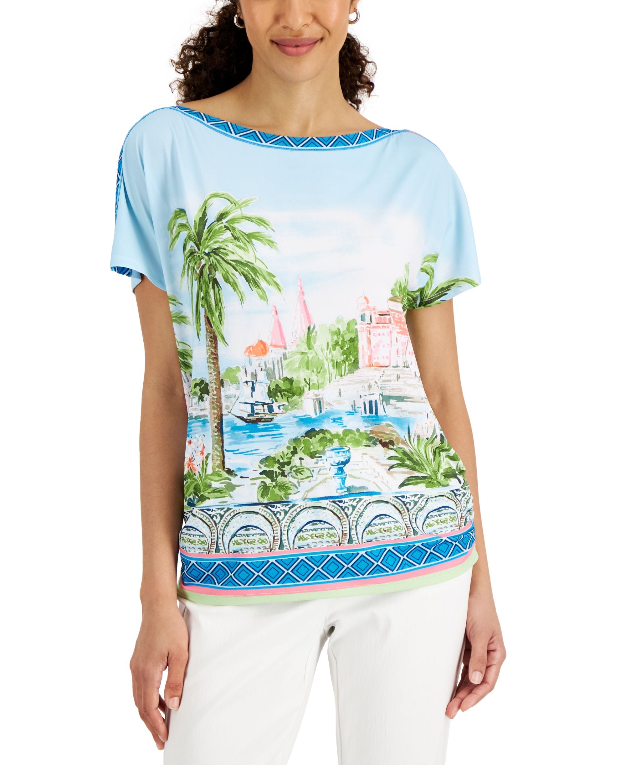 JM Collection Womens Exotic Voyage Graphic Print Top