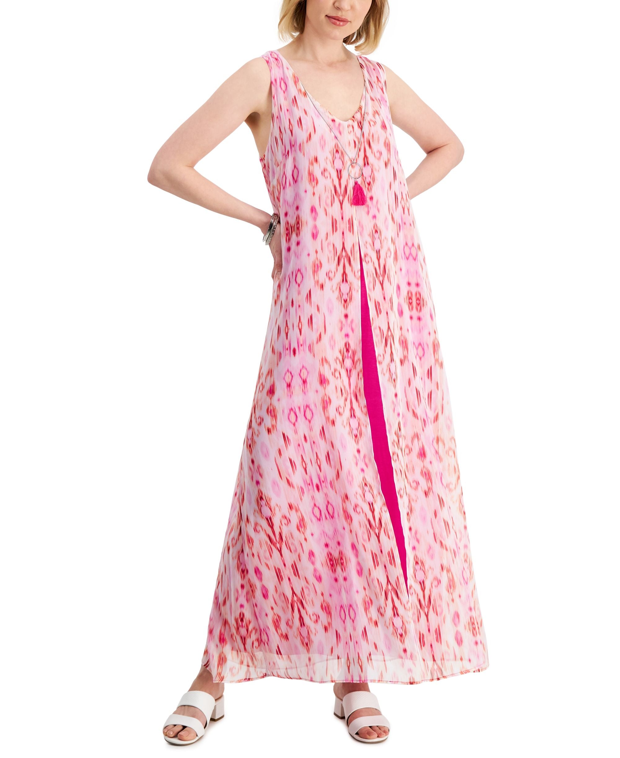 JM Collection Womens Printed Chiffon Overlay Maxi Dress